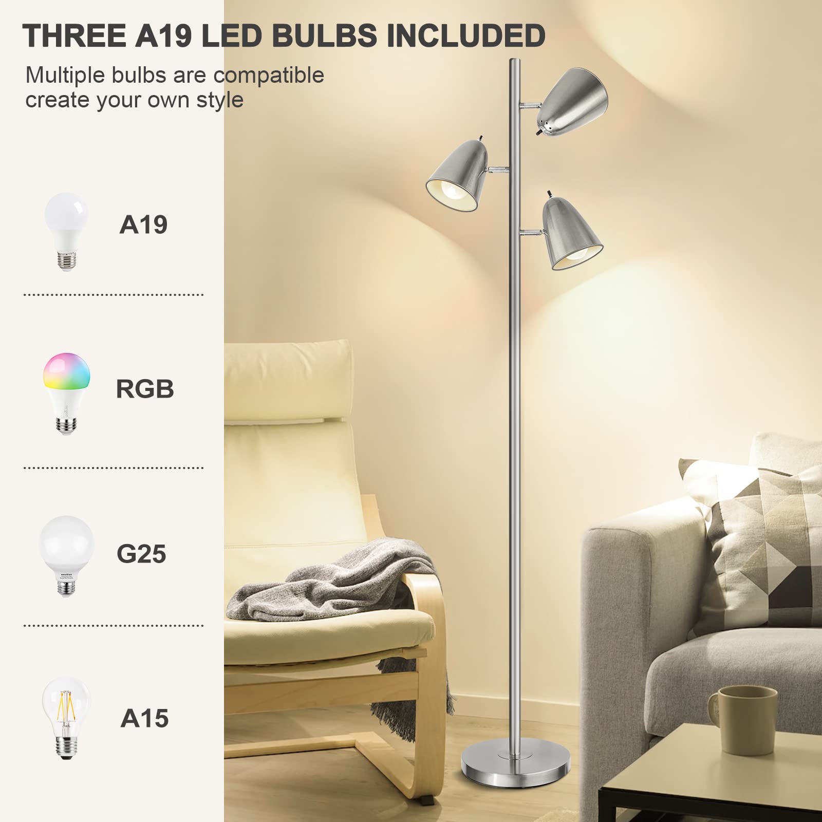 QiMH 3-Head Floor Lamp - Brushed Nickel, Adjustable Arms, Ideal for Living Room, Bedroom, Office, Modern Stand Up Lighting
