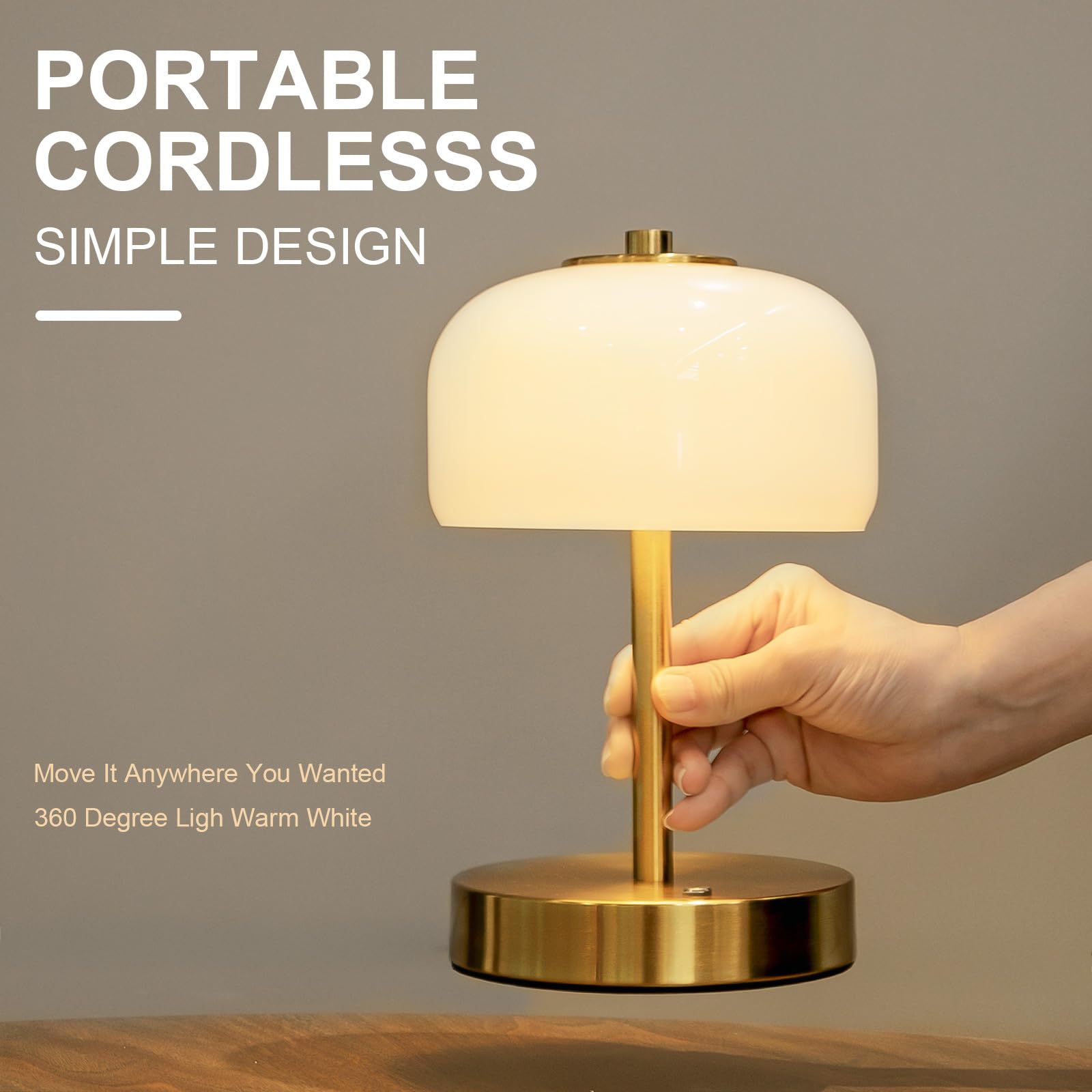 Oneach 9'' Cordless Table Lamps Set Of 2, Gold Rechargeable Battery Operated Lamp, 3-Way Stepless Dimming Touch Mushroom Lamps,