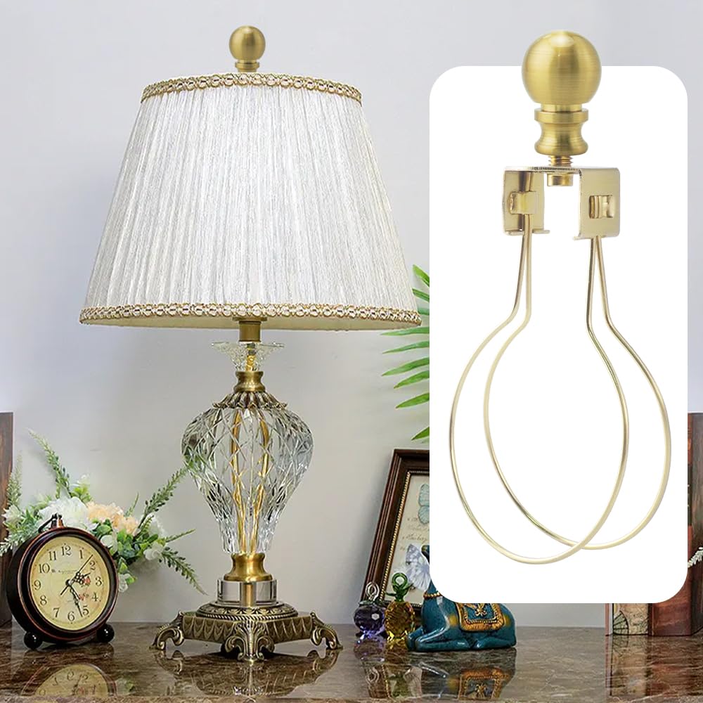 Asjeumt 2 Pieces Lamp Shade Light Bulb Clip Adapter Kit, Antique Brass Lampshade Holder With Round Top Finial, No Harp Required,
