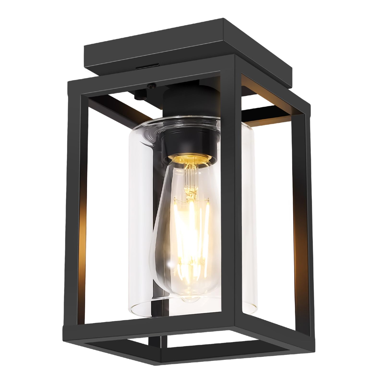 Baocuz Semi Flush Mount Ceiling Light Fixture, Black Metal Frame Porch Ceiling Light Fixture With Clear Glass Shade And E26 Ceramic Base, Farmhouse Light Fixtures For Kitchen Entryway Foyer