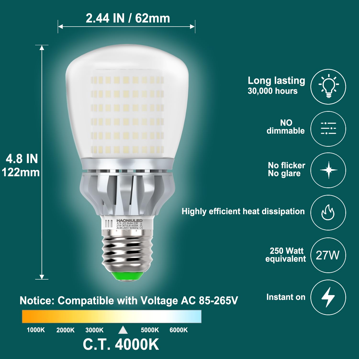 Haoniuled Led Light Bulbs A19 250 Watt Equivalent, Bright E26 Led Bulbs 3670Lm Neutral White 4000K, 27W Led Corn Light Bulb Non-