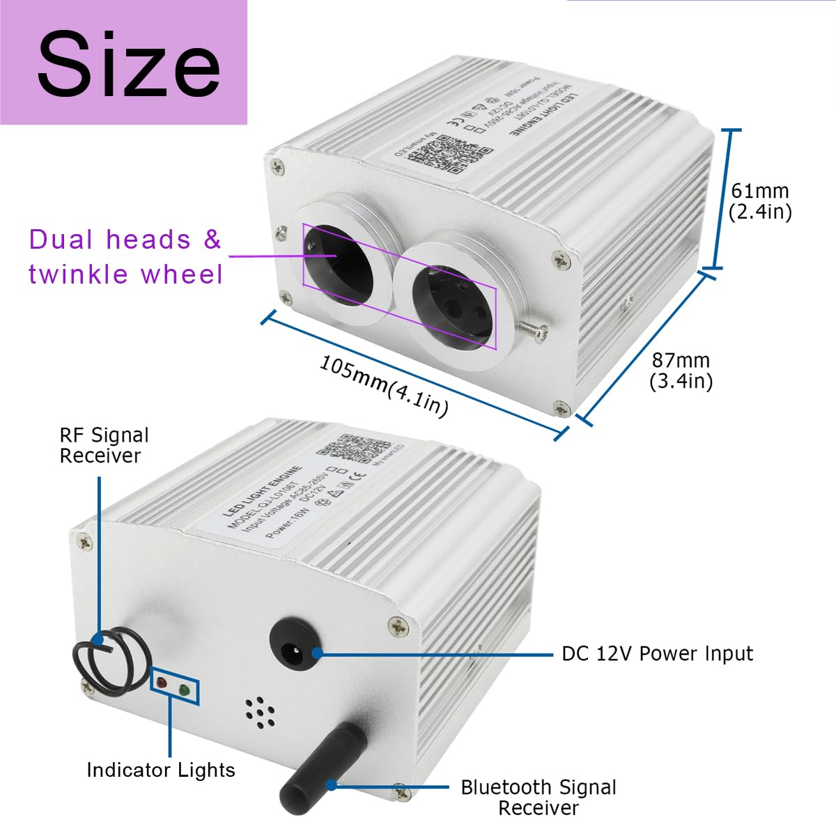 AKEPO 16W Dual-Head Twinkle Fiber Optic Light Engine, APP Control, Music Activated, Pure White, Model QJ-L016T