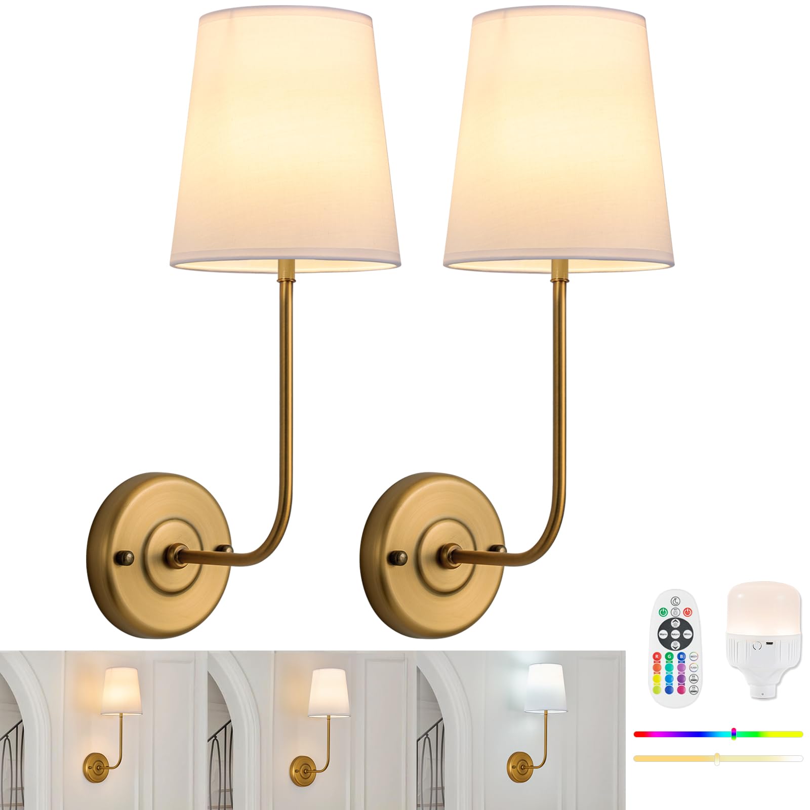 TERLEENART Set of 2 Battery Operated Wall Sconce with Remote Control and White Fabric Shade,15 Colors Dimmable 5200mAh Rechargea