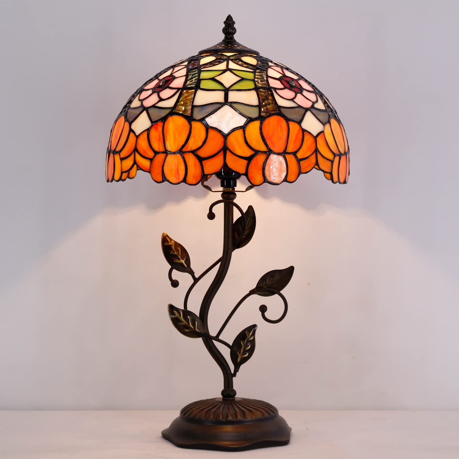 Avivadirect Tiffany Lamp Orange Flower Stained Glass Table Lamp Desk Bedside Reading Light 12X12X19 Inches With Metal Leaf Base