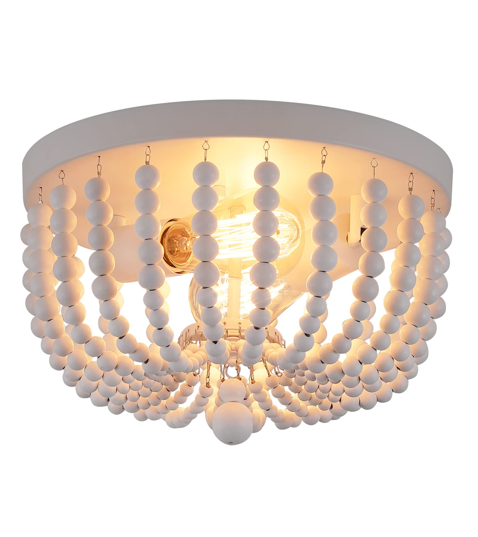 Q&S White Flush Mount Ceiling Light Fixtures,2-Lights Wood Beaded Boho Chandeliers For Nursery Baby Bedroom Dining Room Living R