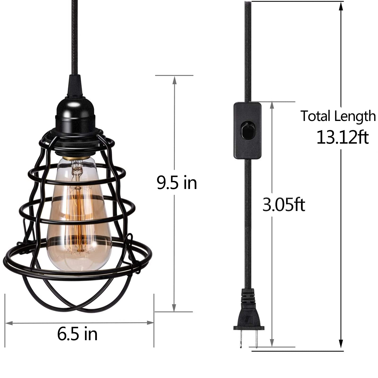 Asnxcju Industrial Plug-in Pendant Light, Vintage Cage Design, Metal, Black, E26/E27, 2 Pack