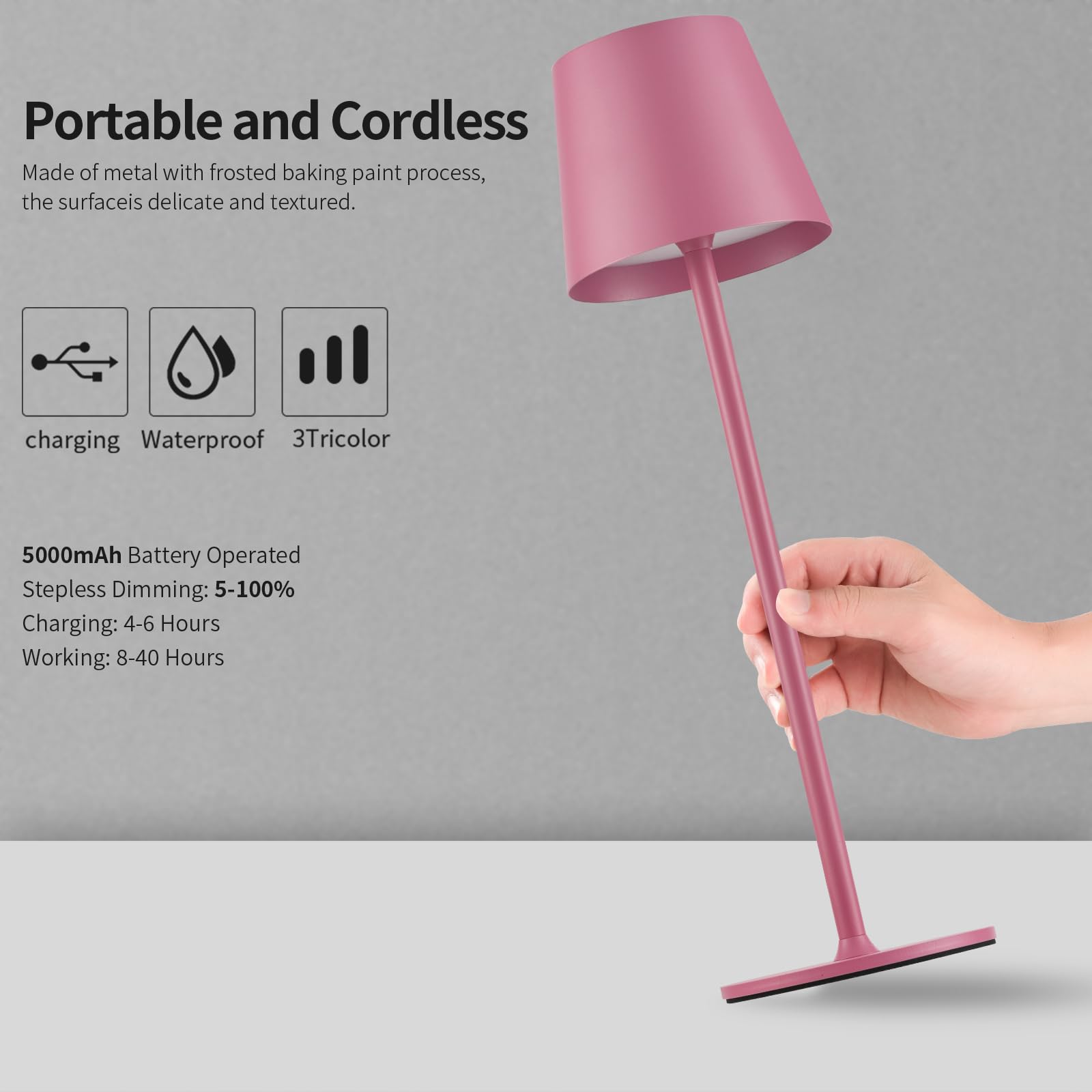 BGFHome Cordless LED Desk Lamp, 5000mAh Rechargeable, Touch Control, Pink, 2-Pack