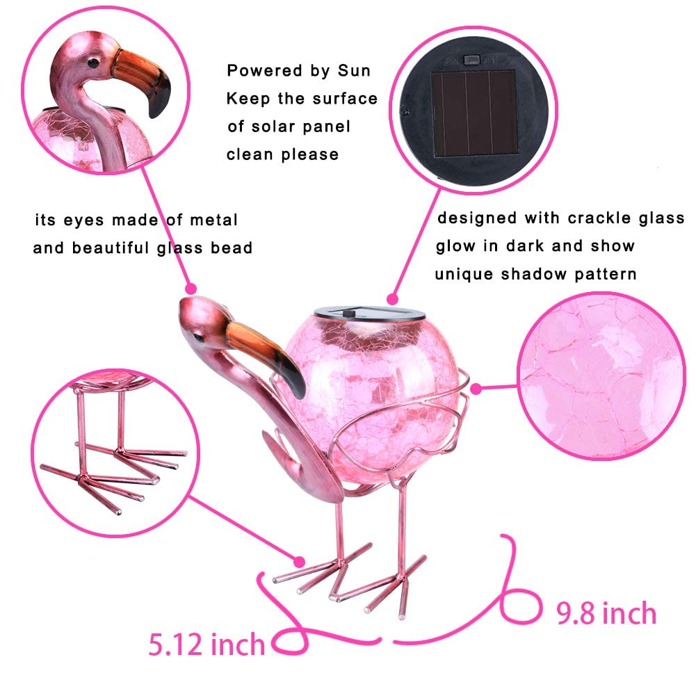 MUMTOP Solar Lantern Flamingo LED Tabletop Lamp, Waterproof, Pink Glass for Outdoor Patio Garden