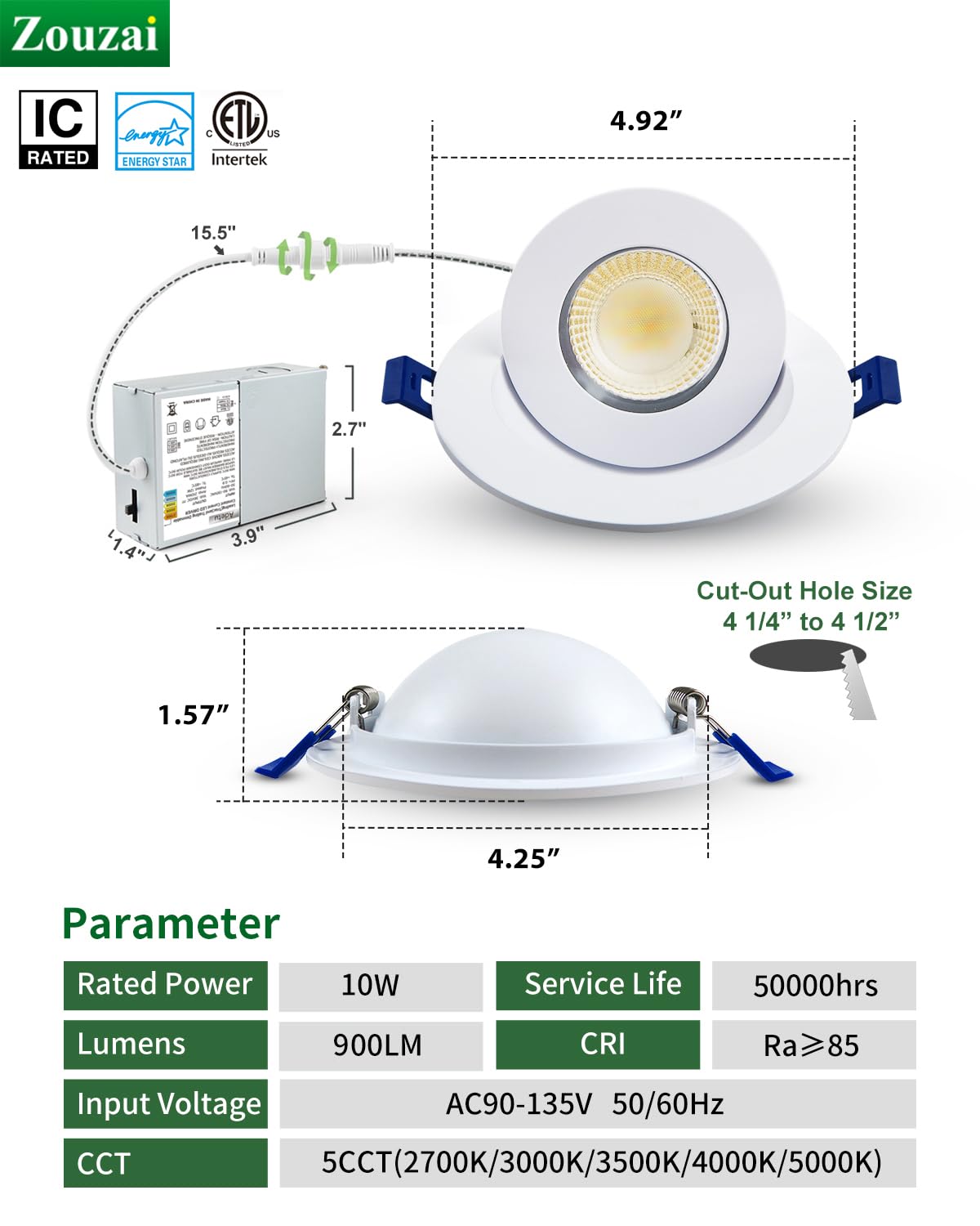 Zouzai 1 Pack 4 Inch 5Cct Led Gimbal Led Recessed Light With Junction Box, 360+90 Adjustable Directional Eyeball Lighting, Dimma