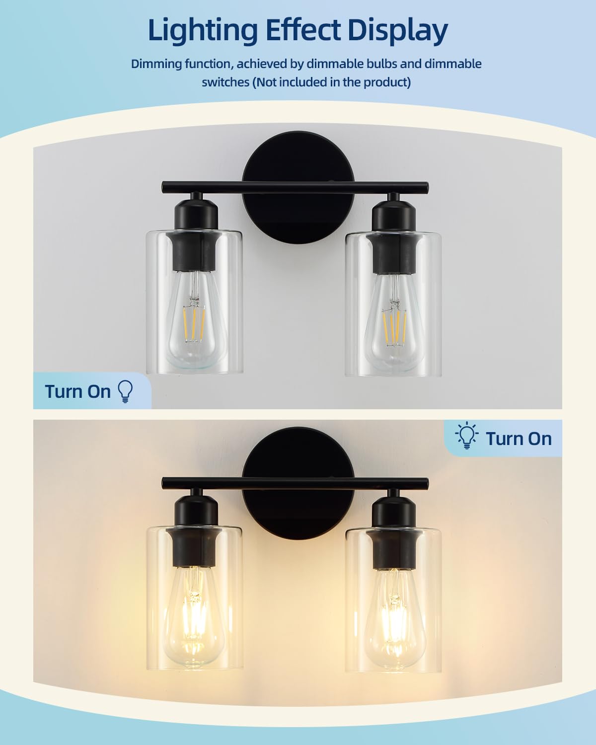 SEABLE Modern Vanity Lights - 2 Pack Wall Sconce, Matte Black, Clear Glass Shade, Bathroom & Bedroom Fixtures