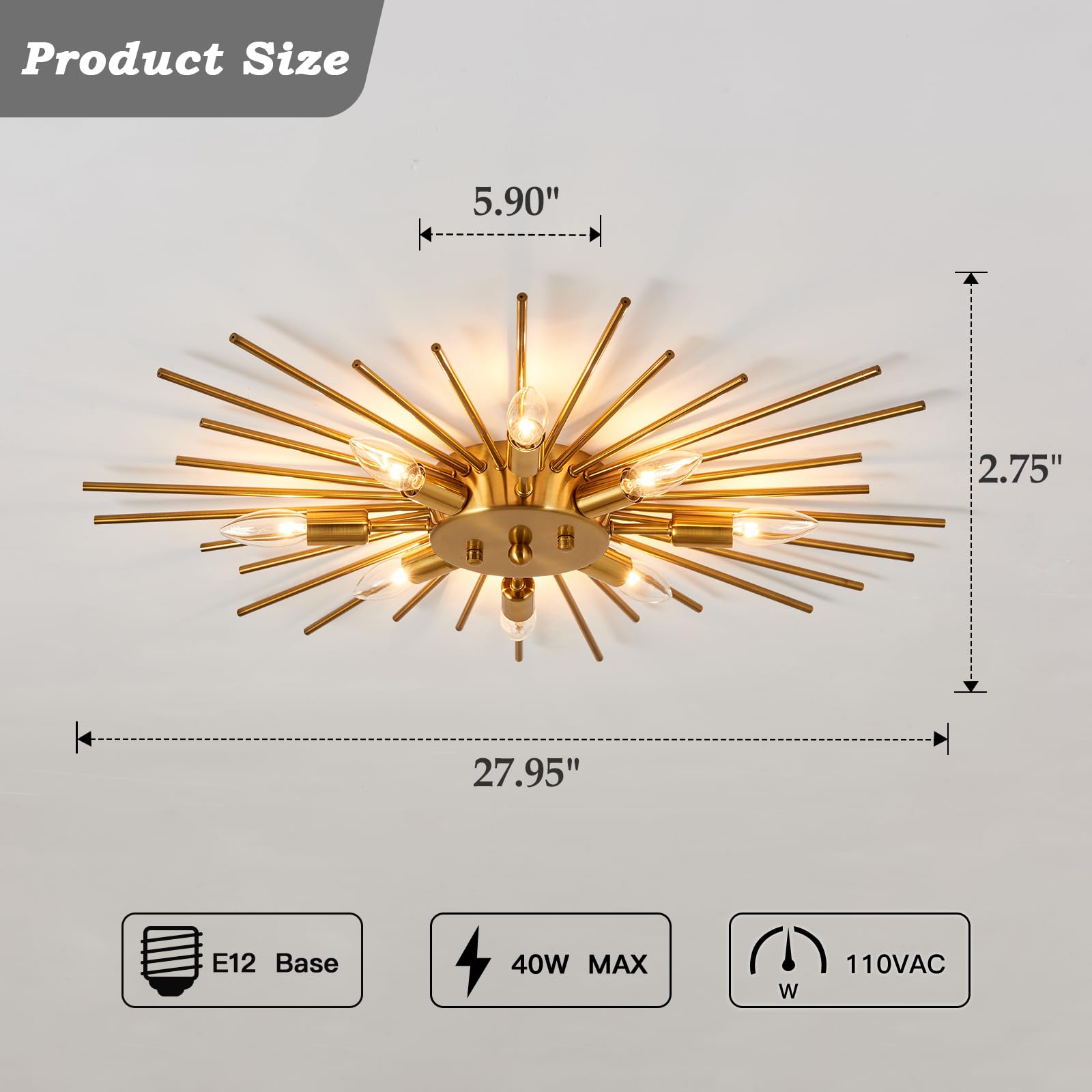 ZGLAOJT Semi Flush Mount Ceiling Light 8 Light Metal Chandelier Gold F-1181 for Kitchen Dining Room Bedroom Living Room