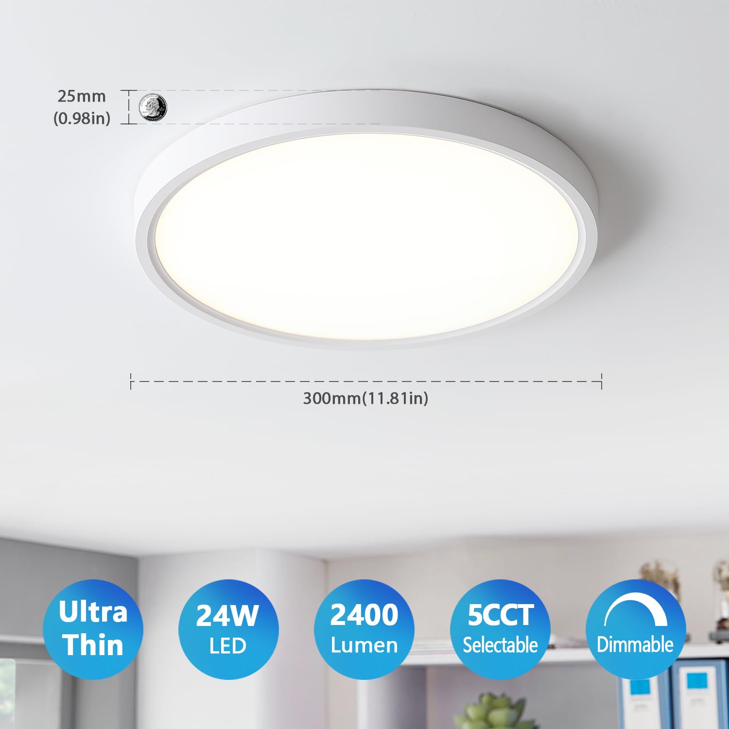 LVWIT 12 Inch LED Ceiling Light Flush Mount, 5CCT Dimmable, Plastic, White, Model JM-TH300DL