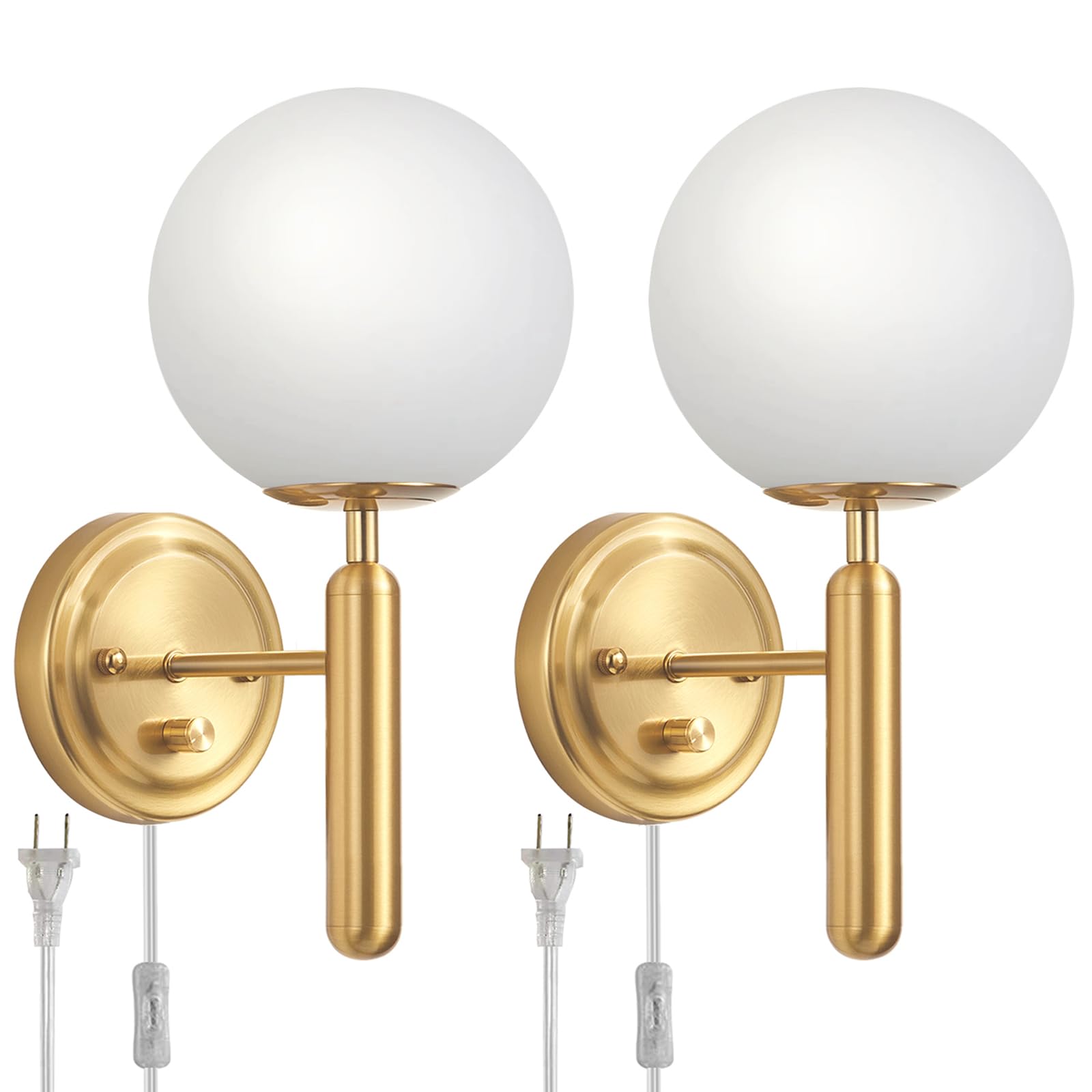Femusytt Dimmable Plug In Wall Sconces Set Of 2, Gold Plug In Wall Sconce With Glass Globe Mid Century Modern Corded Two Light Wall Lamp Decor For Bedroom Bedside Living Room(Bulb Included)