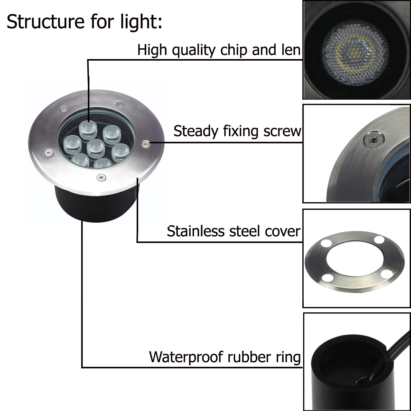 GOCuces Outdoor In-Ground Well Lights, 7W Waterproof Landscape Lighting, 6500K High Brightness, Pack of 4, White, Model GC-UD