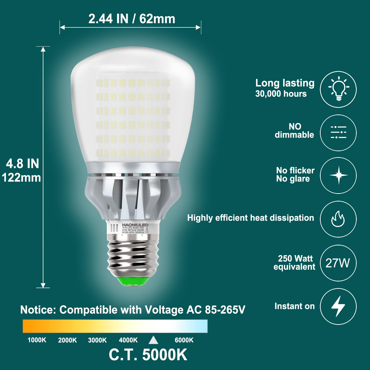 Haoniuled Led Light Bulb, A19 250W Equivalent, 3670 Lumens, 5000K Cool Daylight White 27W Led Corn Light Bulb E26/E27 Light Bulb