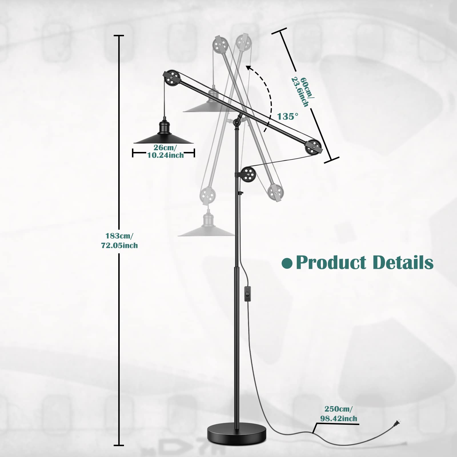 Adjustable Industrial Floor Lamps For Living Room - Rustic Reading Lamp With Pulley System, Modern Farmhouse Indoor Pole Task La