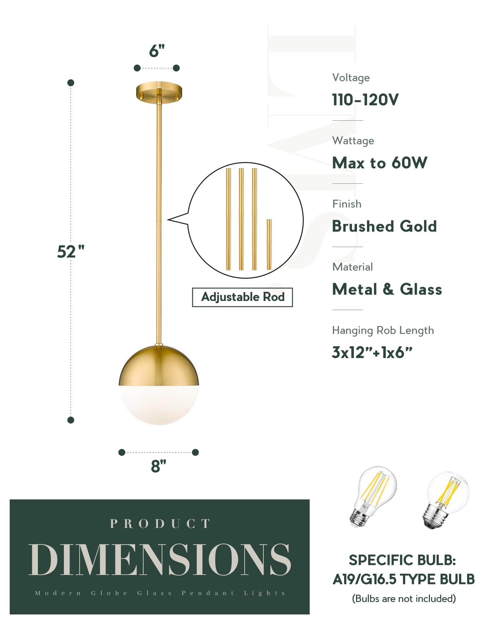 LMS Brushed Gold Pendant Lights 2-Pack, Adjustable Milky Globe Glass Shade, 8" for Kitchen Island & Dining Room