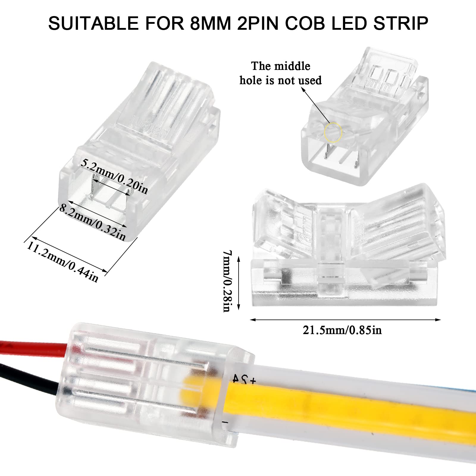 Cob Led Strip To Wire Connector 20 Pieces Waterproof Led Adapter Connectors Transparent Solderless Led Light Strip Connectors For Strip Light Unwired Gapless Track Lighting Connector (2 Pin, 8 Mm)