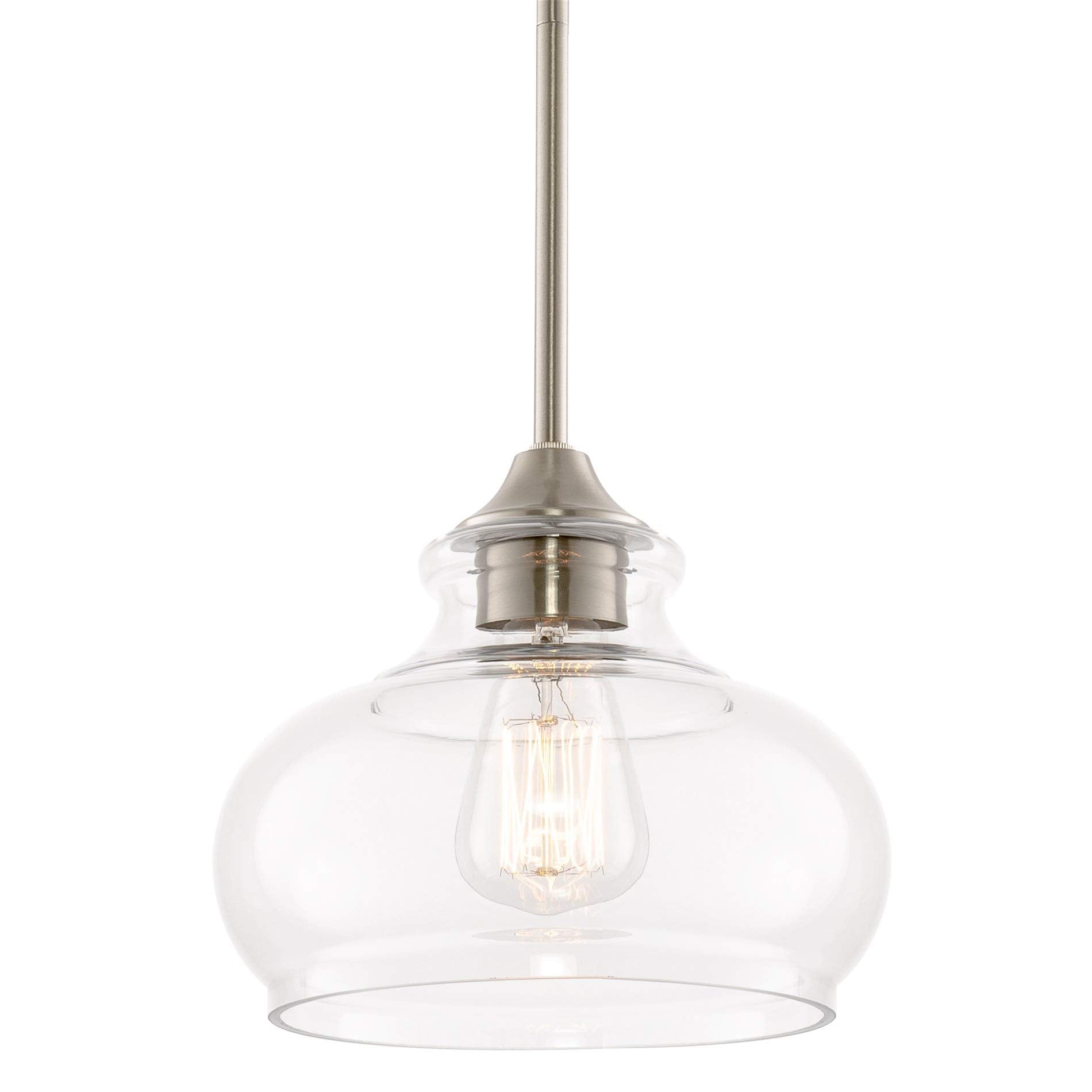 Kira Home Pendant Light, 9in Adjustable Height, Brushed Nickel Finish, Clear Glass Shade, Model RV-CP6802-BN