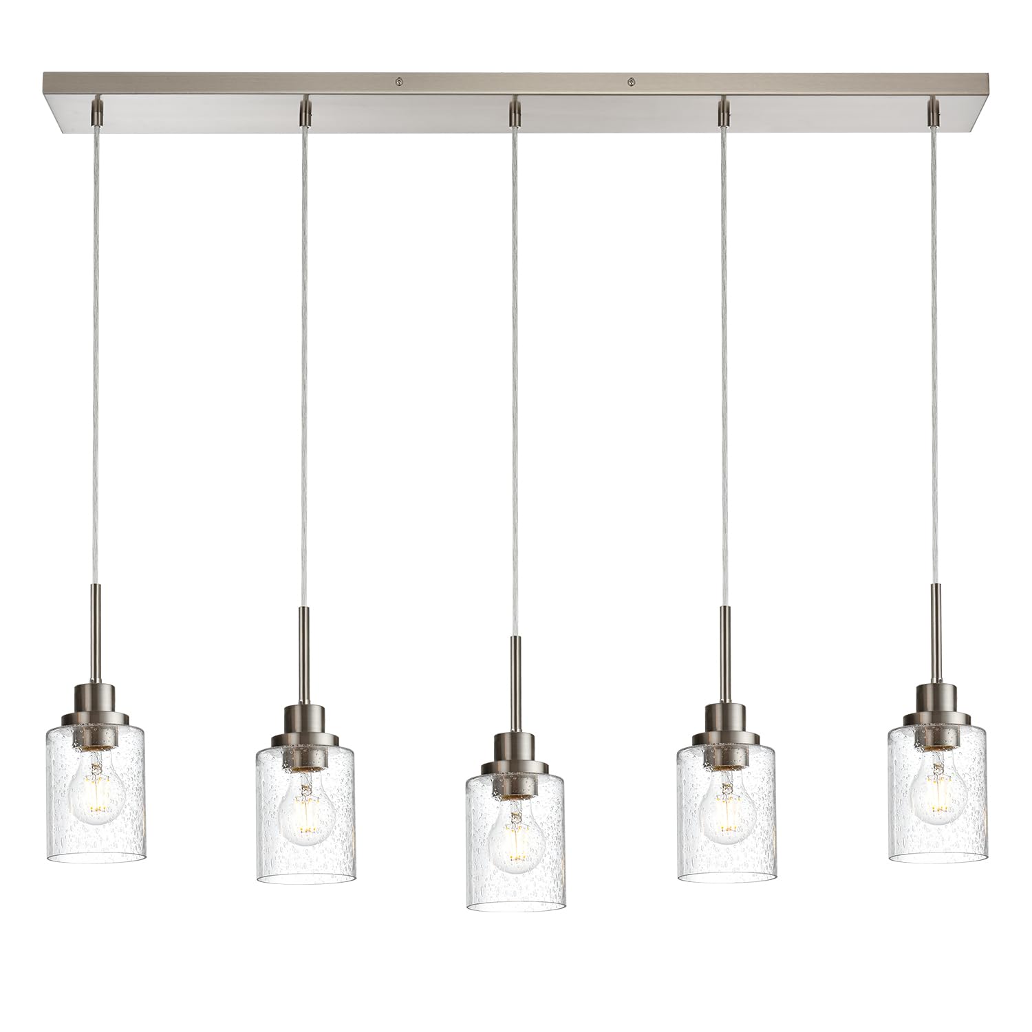 PENDRION Lighting Contemporary Brushed Nickel Linear Chandelier Pendant Light 5 Lights Clear Seeded Glass Farmhouse Pendant Ligh