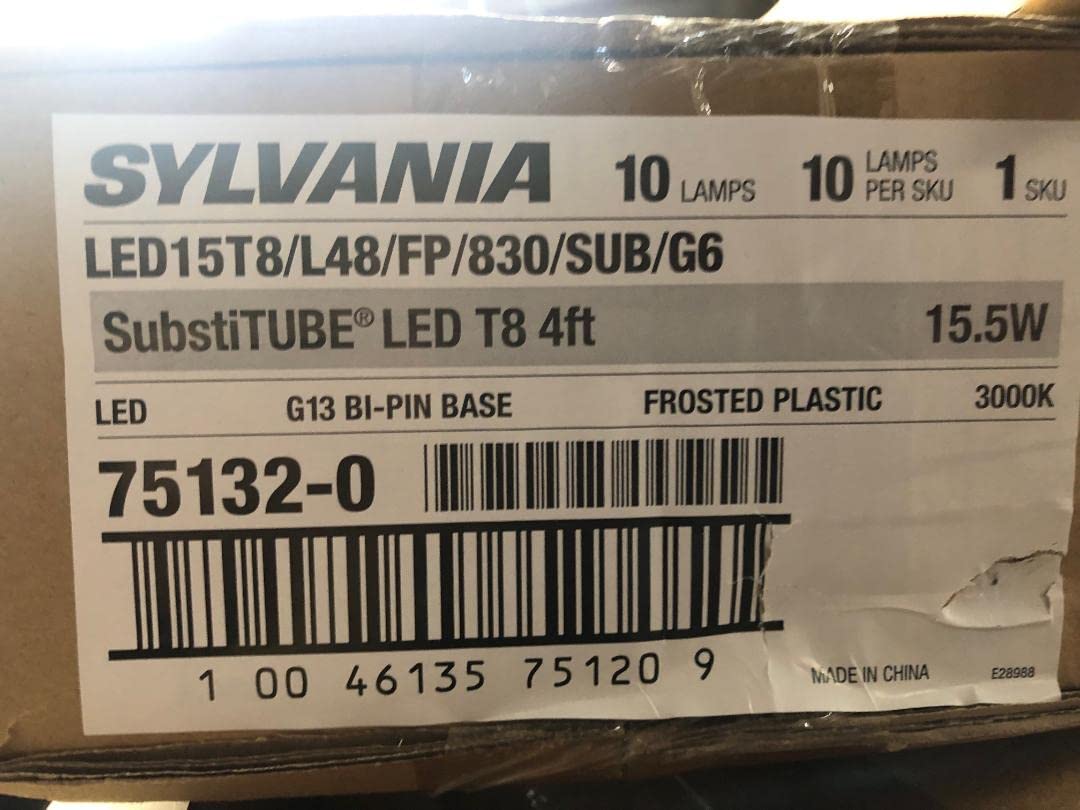 SYLVANIA 10 Pack 75132 LED15T8/L48/FP/830/SUB/G6 15.5W Plug N Play Needs Ballast 120-277V 347V 4 Foot Medium Bi Pin Frosted 3000