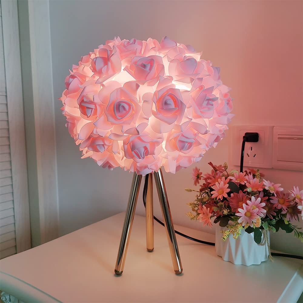 Zyleisenbao Pink Rose Flower Lamp Cute Table Lamp Flower Desk Lamp Floral Bedside Nighstand Light Atmosphere Girls Princess Lamp With Gold Tripod For Bedroom Wedding Christmas Gift Hotel Living Room