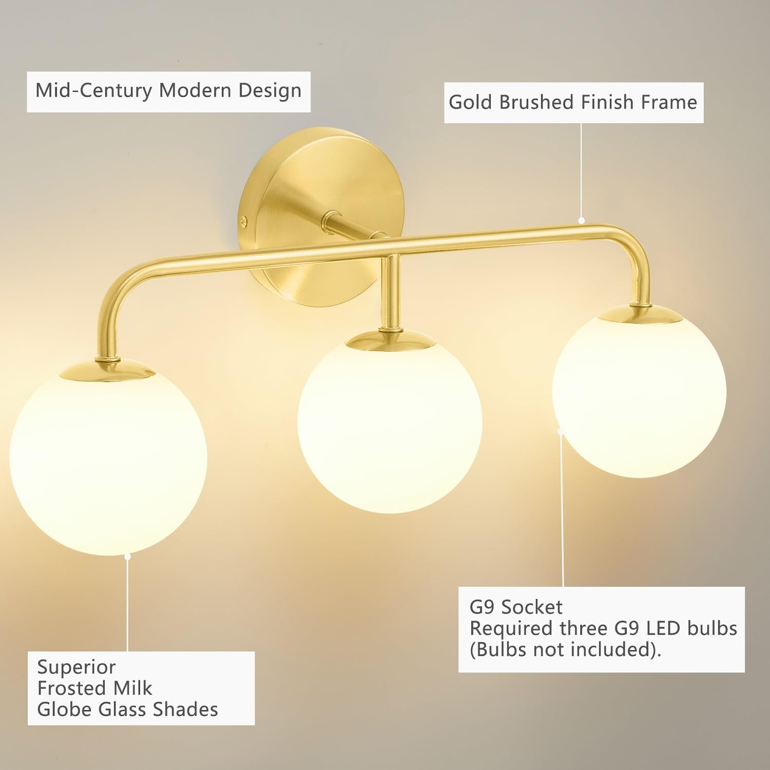 Gold Bathroom Vanity Lights, Mid Century Modern 3-Light Bathroom Lighting Fixtures Over Mirror, Brushed Gold Bathroom Lights Wal