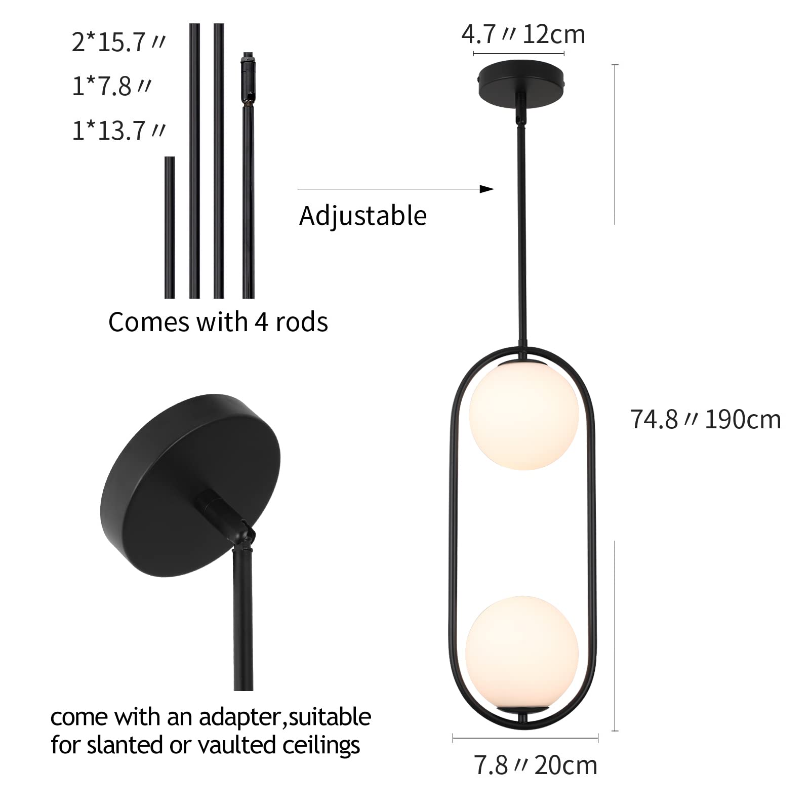 SeeU Modern Pendant Light Fixture - Vintage Black Metal Chandelier with White Globe Glass for Kitchen Island, Dining Room, Bedroom