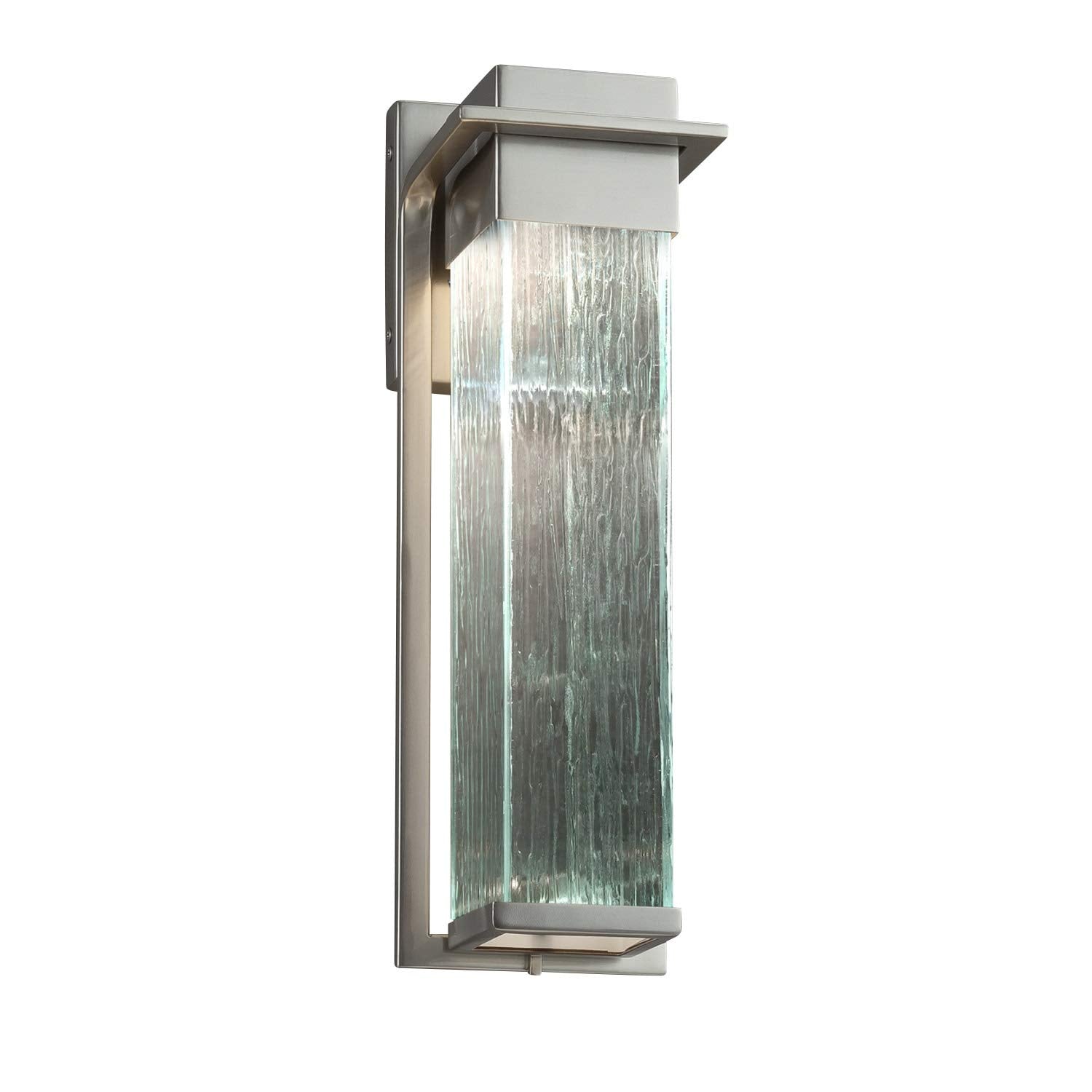 Fusion - Pacific Large LED Outdoor Wall Sconce - Artisan Glass Shade in Rain - Brushed Nickel Finish