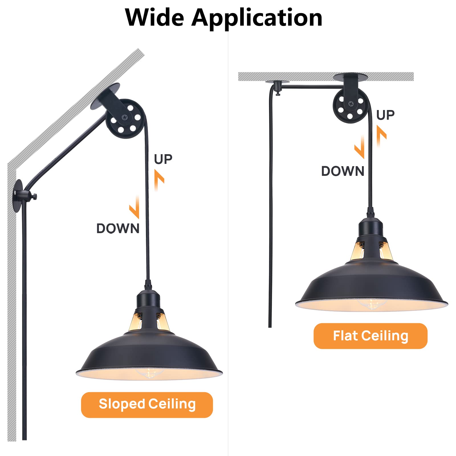 Lomoky Plug-in Pendant Light, Black Barn Hanging Lamp, 2 Pack, 14.76ft Cord, Adjustable Pulley, Iron for Kitchen/Bedroom/Restaurant