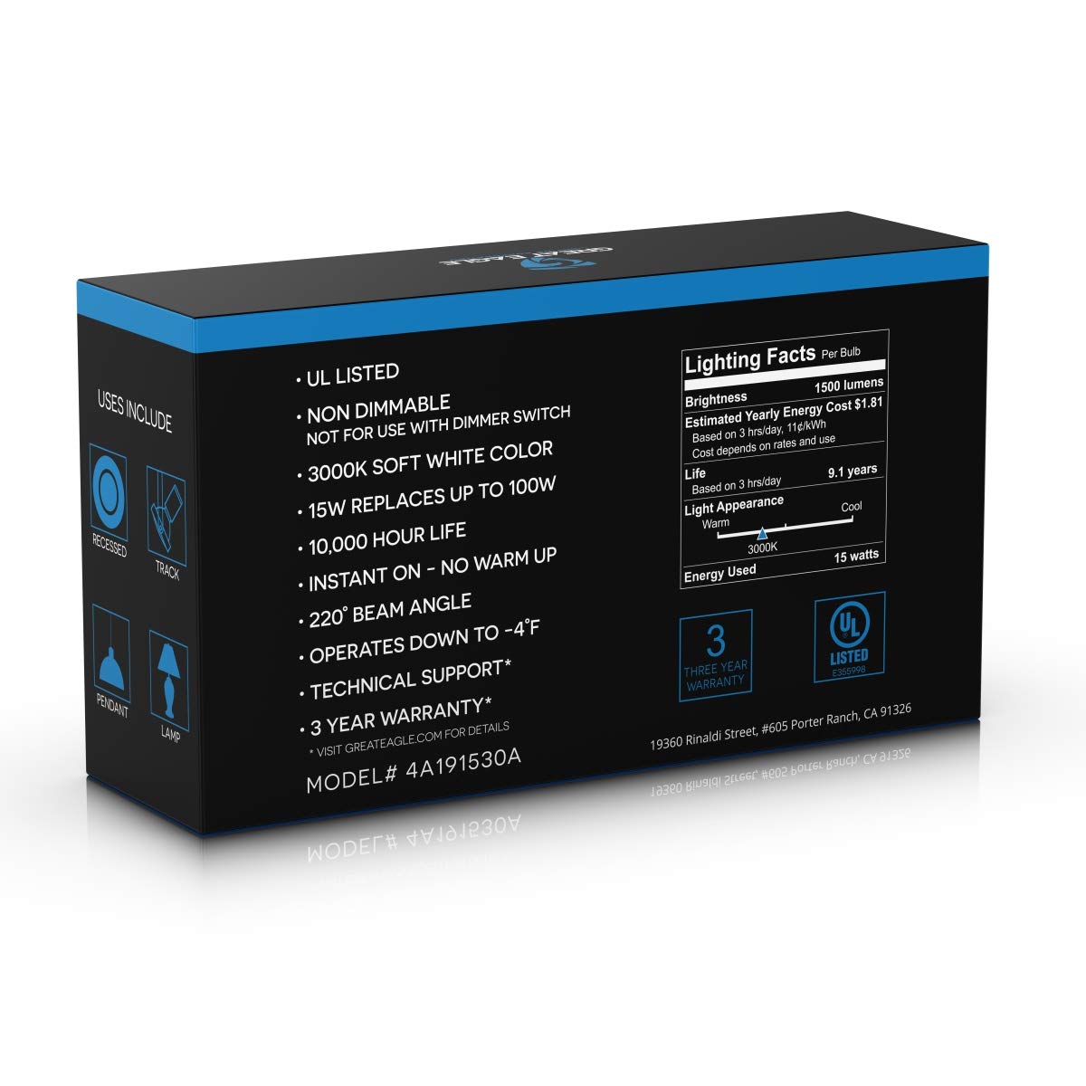 GREAT EAGLE LIGHTING CORPORATION 100W Equivalent LED Bulb, 1500 Lumens, A19, 3000K Soft White, Non-Dimmable, 4-Pack