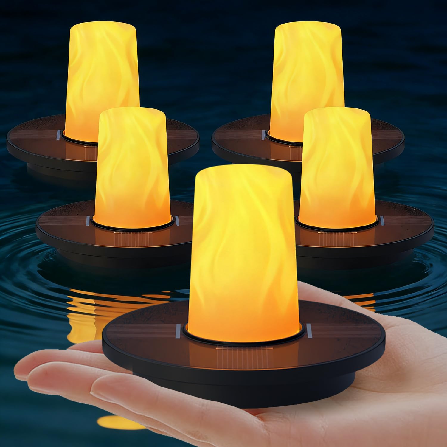 uuffoo Floating Lights Solar Powered Set of 5, Pool Lights Flickering IP66 Waterproof Night Light, Outdoor Lantern Landscape Dec
