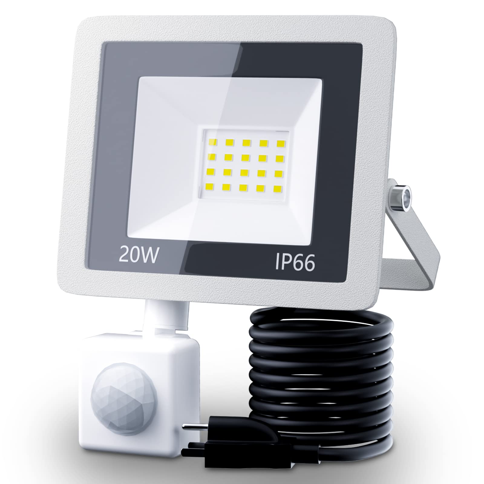 MIWAT 20W Plug in LED Motion Sensor Flood Light  PIR Induction Lamp  Dusk to Dawn Outdoor Auto ON/Off  6500K Security Spot Daylight  IP66 Rainproof Work Light for Garage Yard Patio Porch Doorway Wall