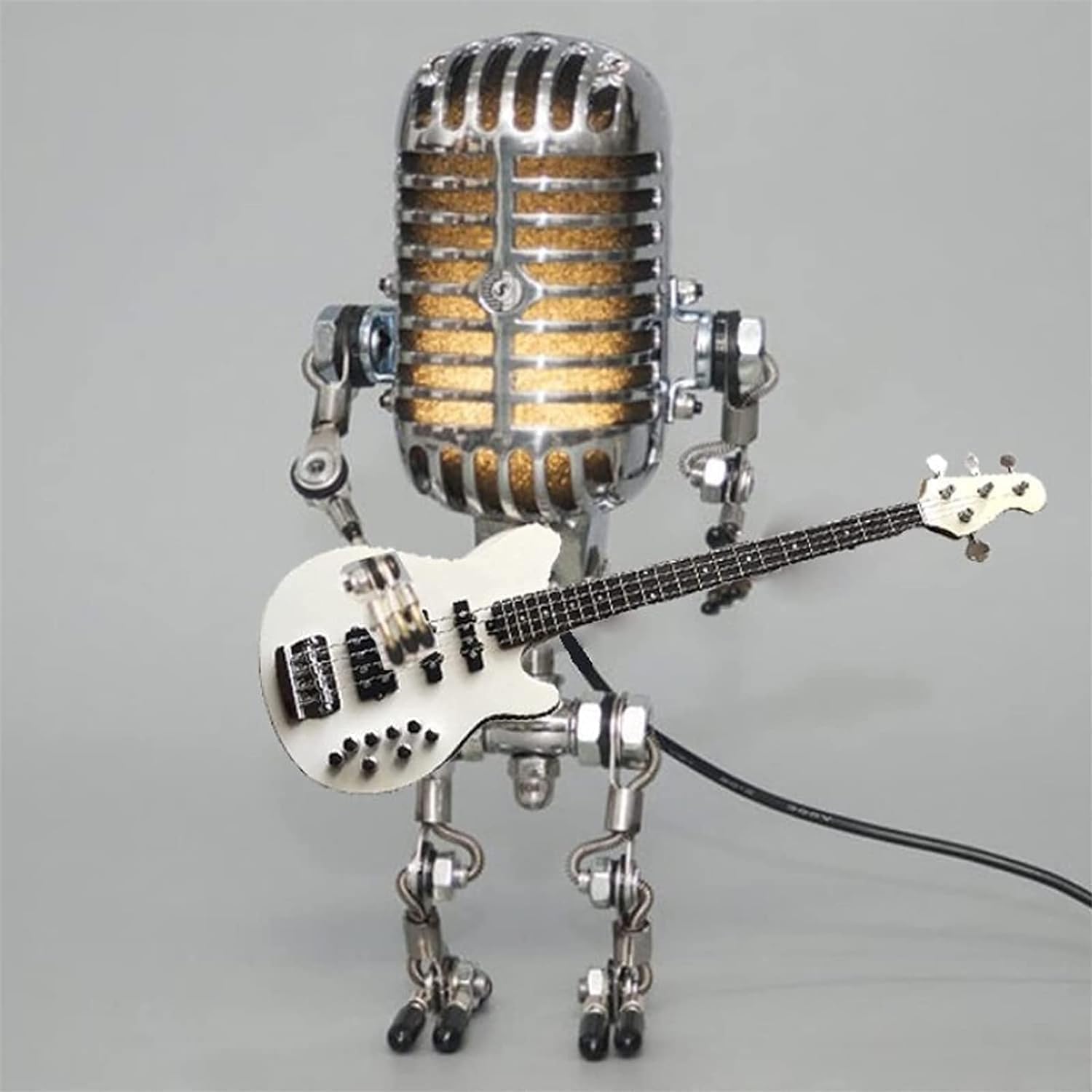 Xmpmrb Vintage Microphone Robot Lamp, Metal Nightstand Desk Light, White, Model 001