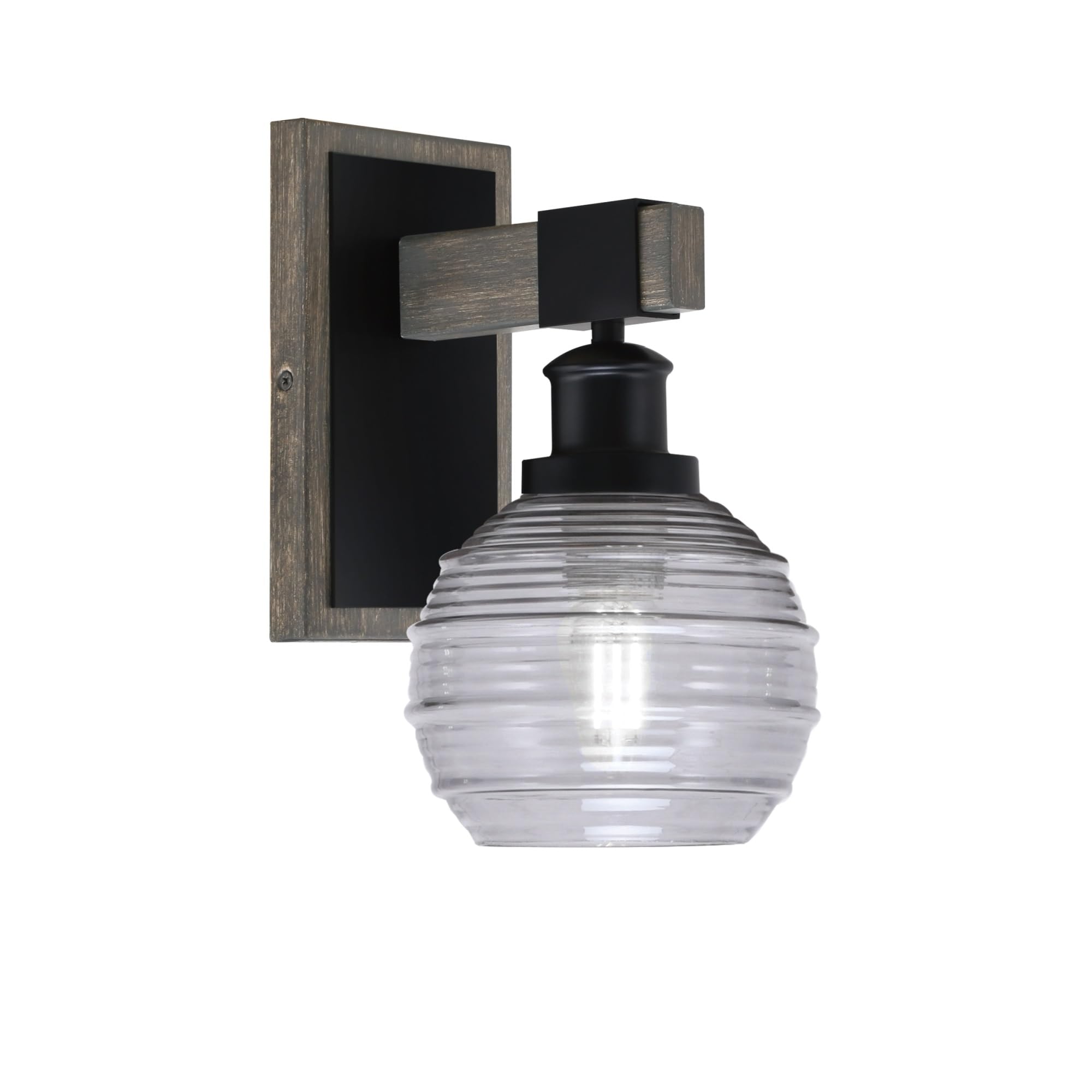 Toltec Lighting Tacoma Light Wall Sconce, Matte Black & Distressed Wood-Look, 6in Smoke Ribbed Glass
