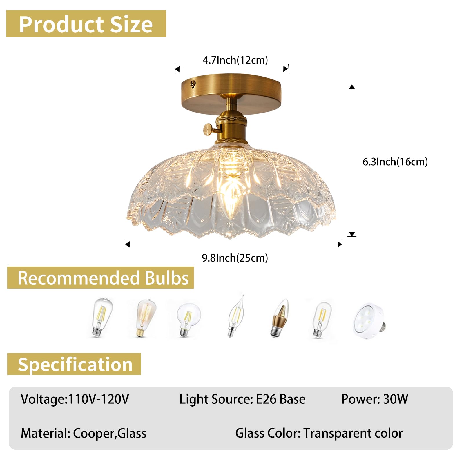 Bcgmyln Semi Flush Mount Ceiling Light, Gold Vintage Hallway Light Fixture With Clear Water Lily Glass Lampshade Brass Modern Ce