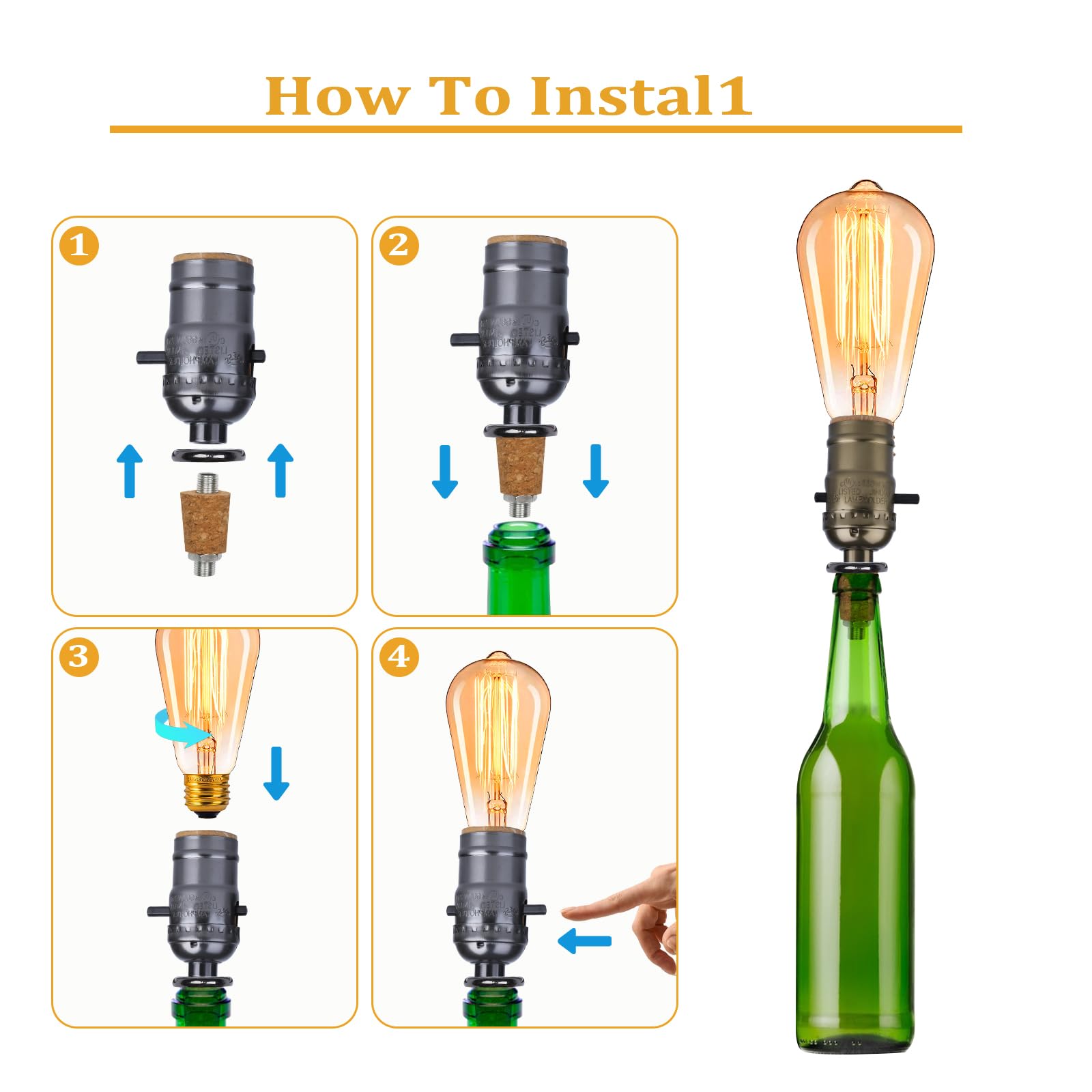 Aokpsrt Bottle Lamp Kit with 9mm Glass Drill Bit, Slip-on Socket, 8 Feet Power Cord, Black, 1-Pack, Model W-DDT-RetroBlack1-1