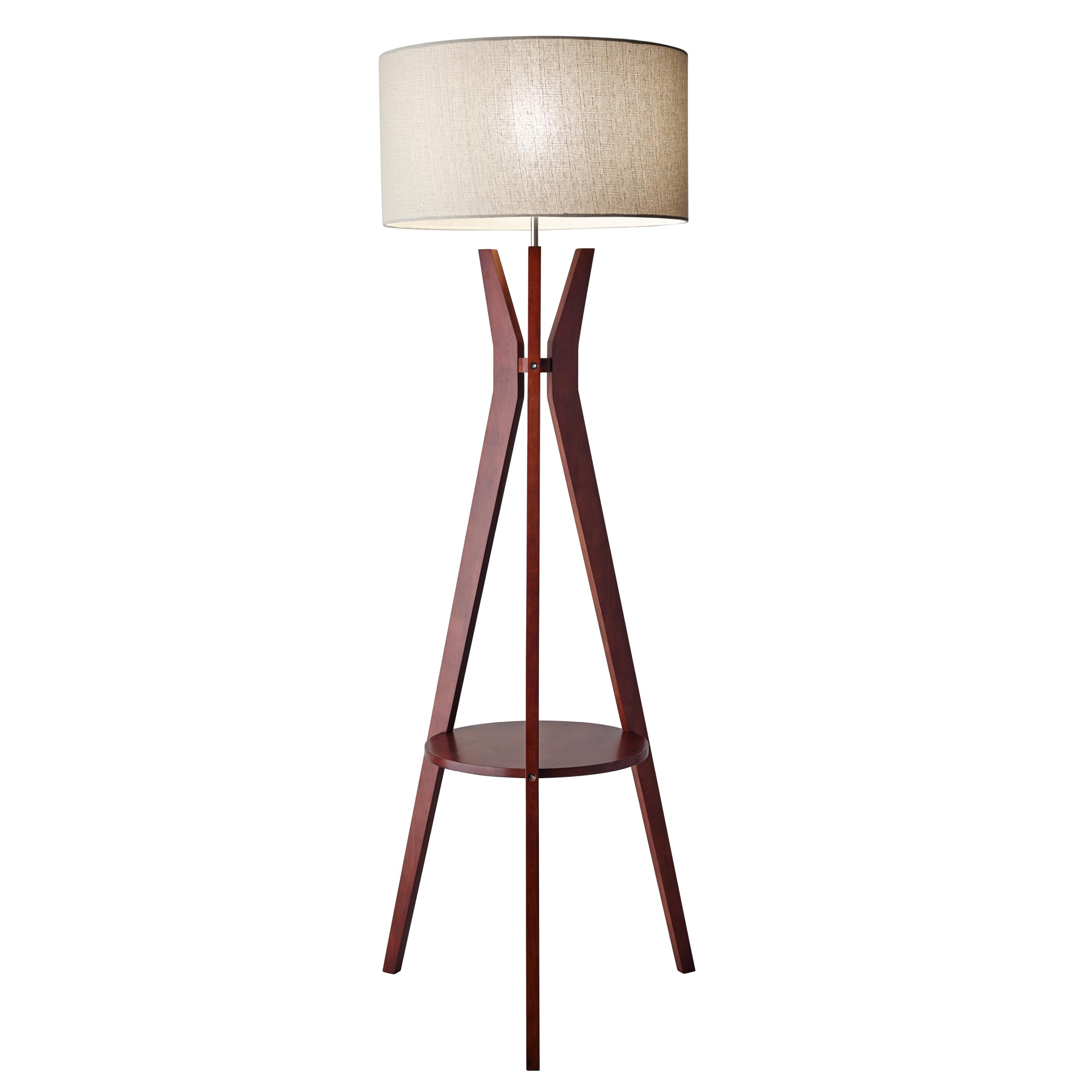 Adesso Floor Lamp with Walnut Wood and Oatmeal Linen Lampshade - 3-Way Adjustable Brightness, Lamp with Shelf for Bedroom, Livin
