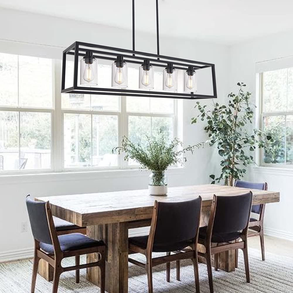 MELUCEE 5-Light Industrial Chandelier, 36.2in Black Metal Pendant Light for Kitchen Island, Farmhouse Style with Clear Glass