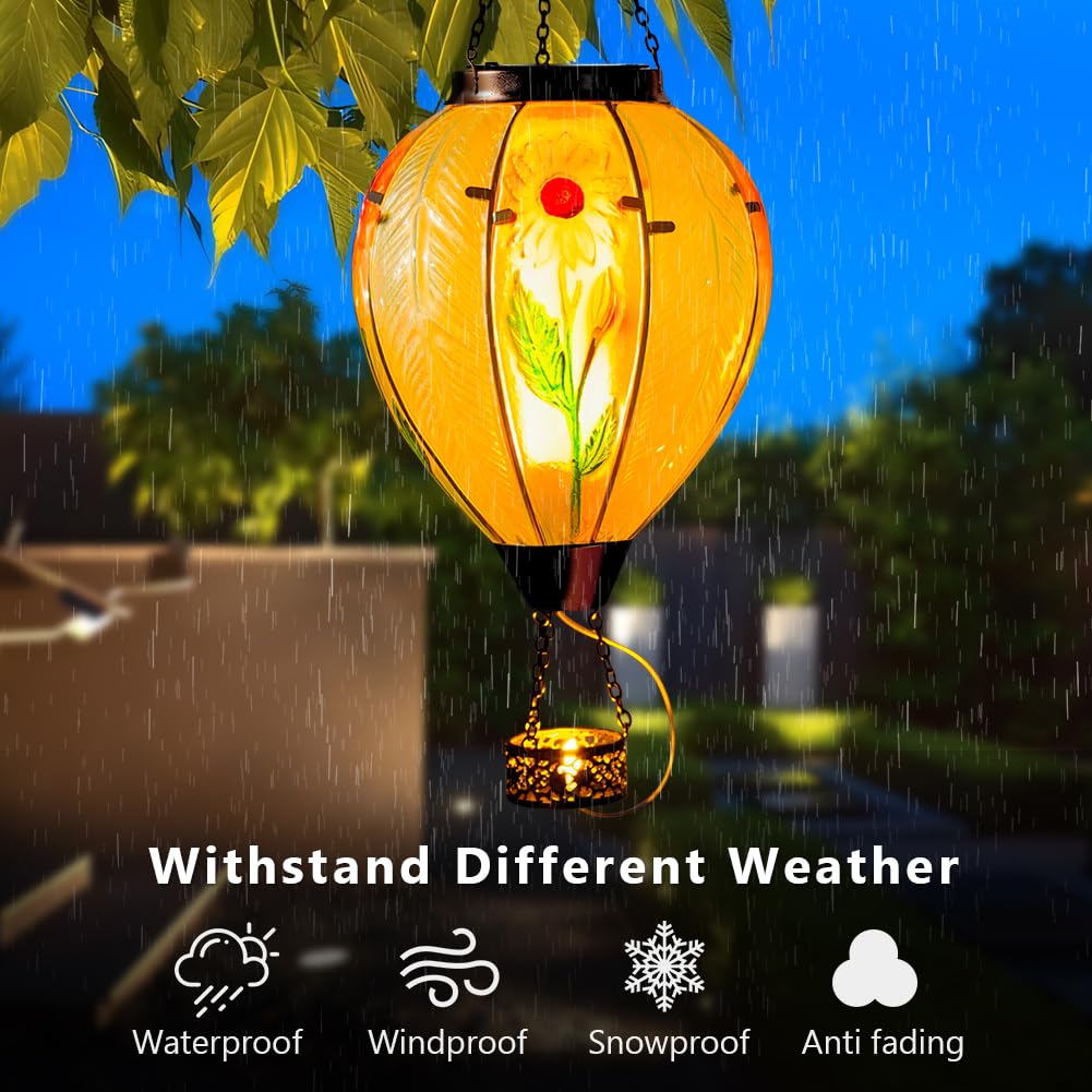 Starsoul Large Solar Hot Air Balloon Lantern With Flame Sunflower Glass Hanging Outdoor Hot Air Balloon Solar Light Waterproof G