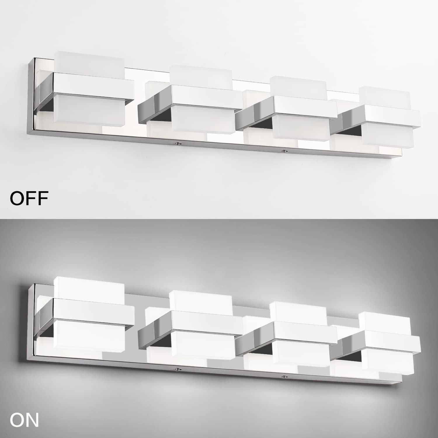 SOLFART 4-Light Chrome LED Bathroom Vanity Light, 27" Dimmable Acrylic Fixture, Modern White Light, Model 7248-4T-WHL