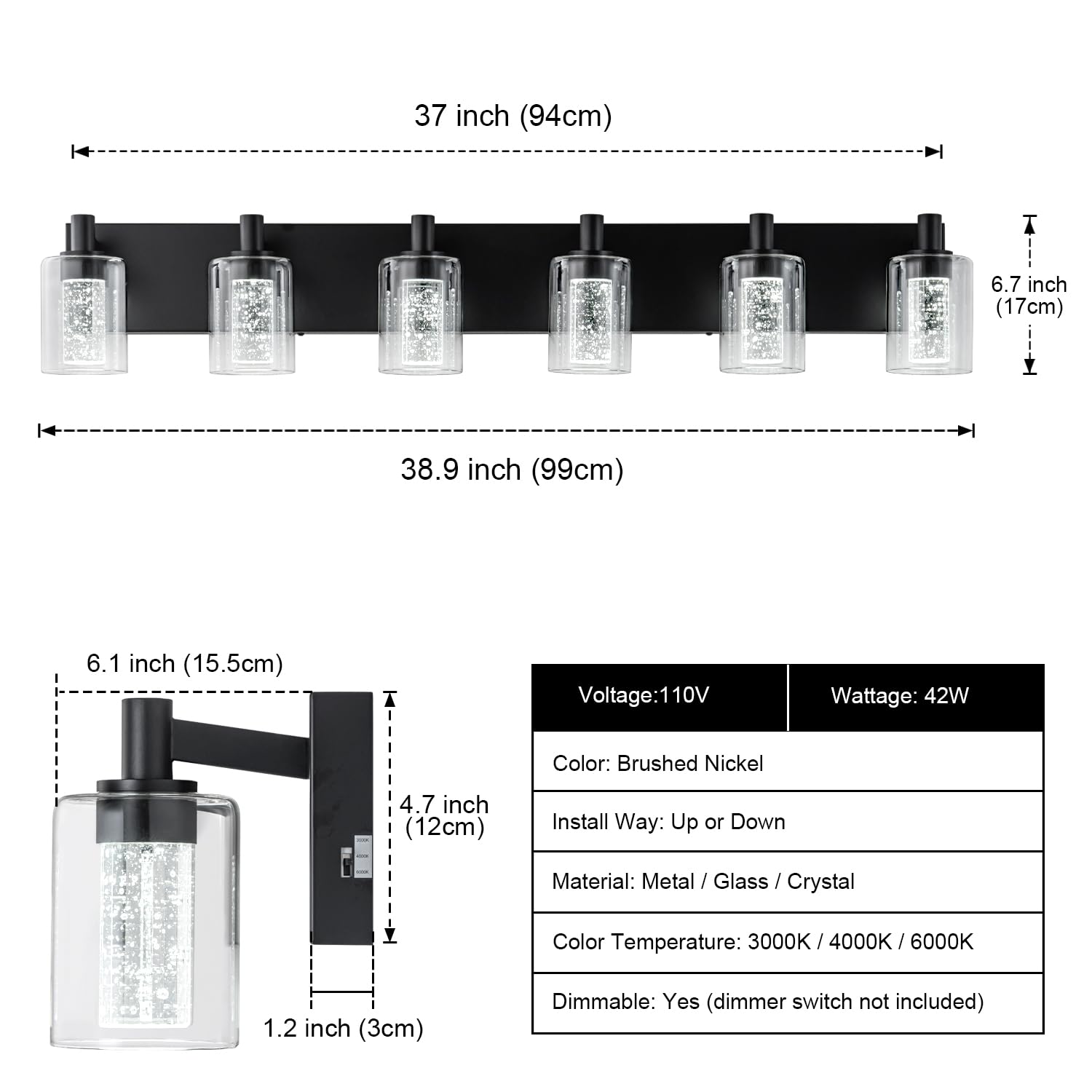 SineRise Vanity Light Fixture, Dimmable Modern Wall Light, 3 Color Modes, 6-Light, Black, Metal, Model S0028