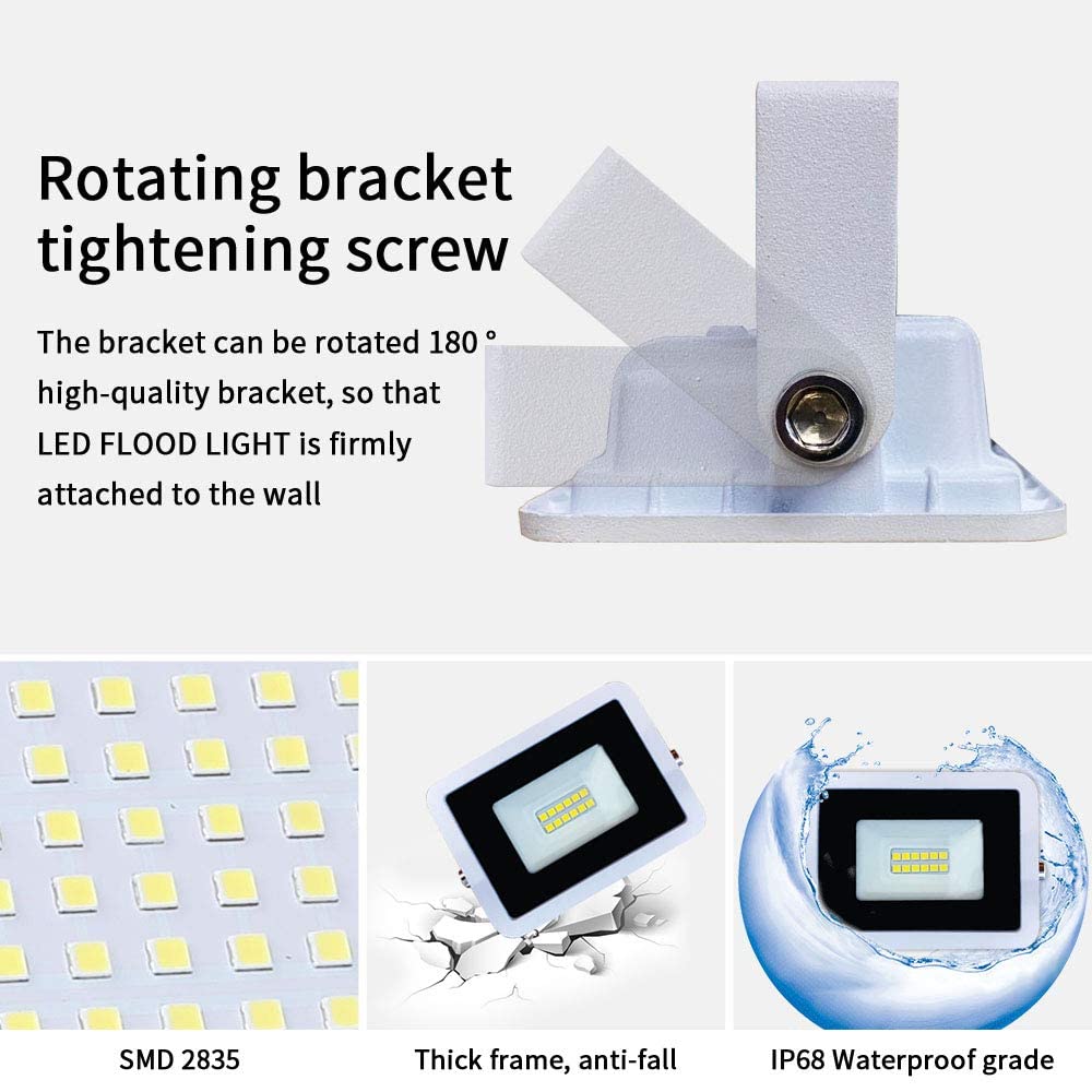 MIHEAL LED Flood Light 10W, IP68 Waterproof, Cool White, Metal, Outdoor Security Lighting for Yard, Garden, Playground, Basketball Court