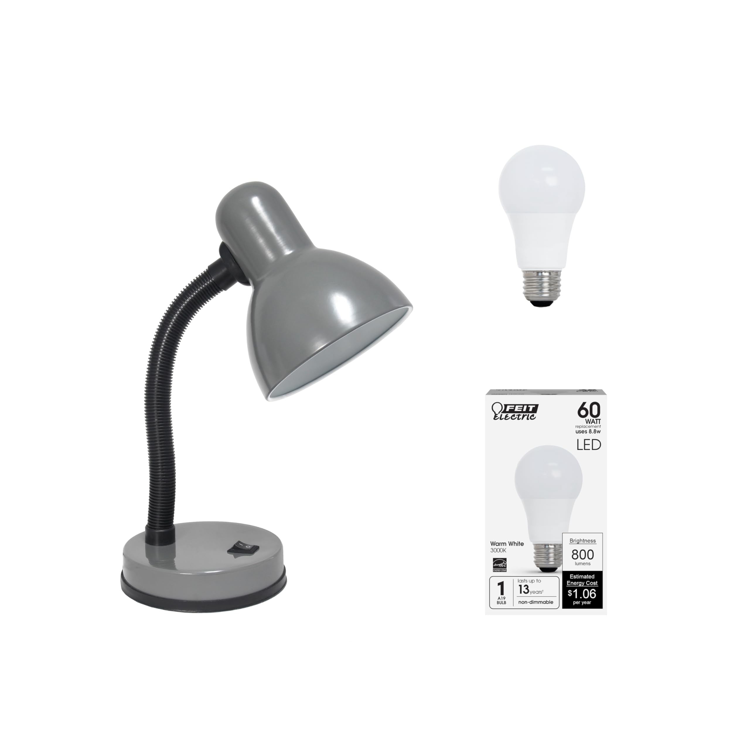 Simple Designs Ld1003-Gry-Lb 14.25'' Basic Metal Desk Lamp With Flexible Hose Neck For Office, Living Room, Bedroom, College Dor