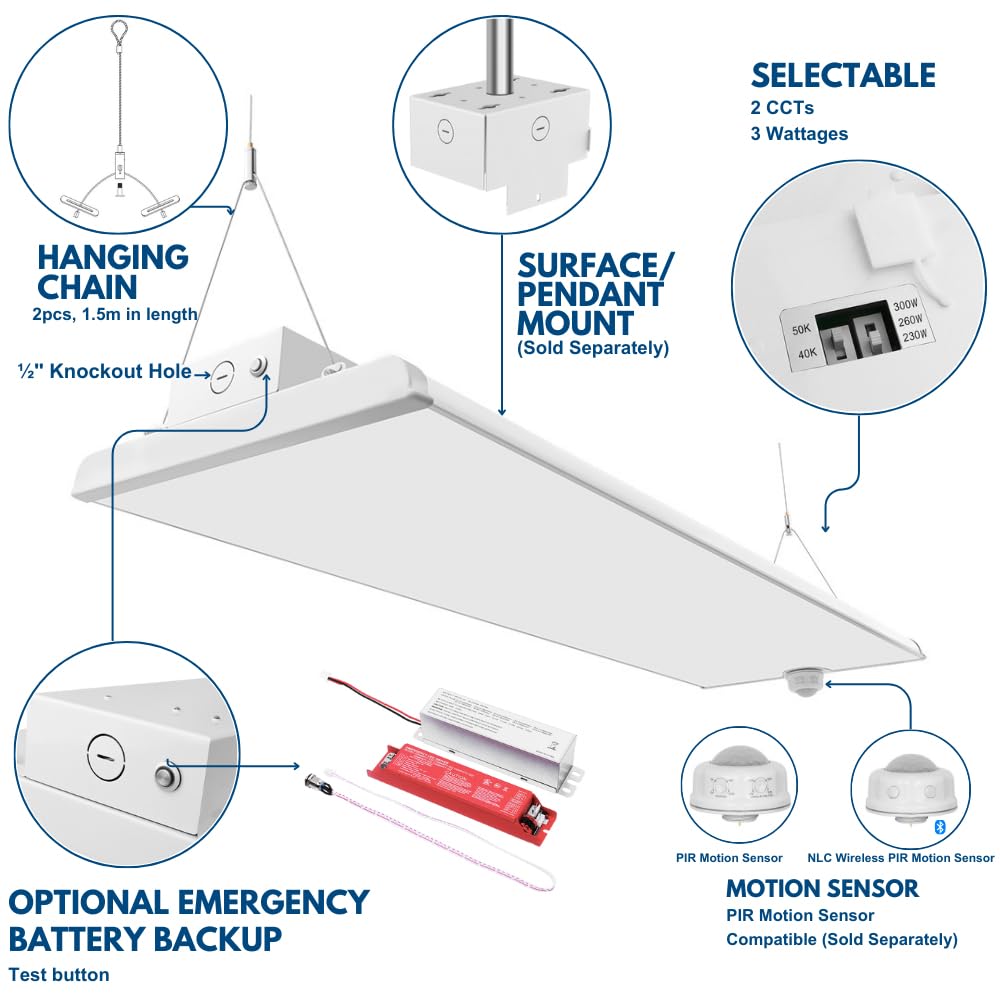 Konlite Pack Of 2 Alta Led High Bay Light - 4Ft - 300W/260W/230W - 47,500 Lumens - 5000K/4000K Selectable - 120-277V - 1000W Met