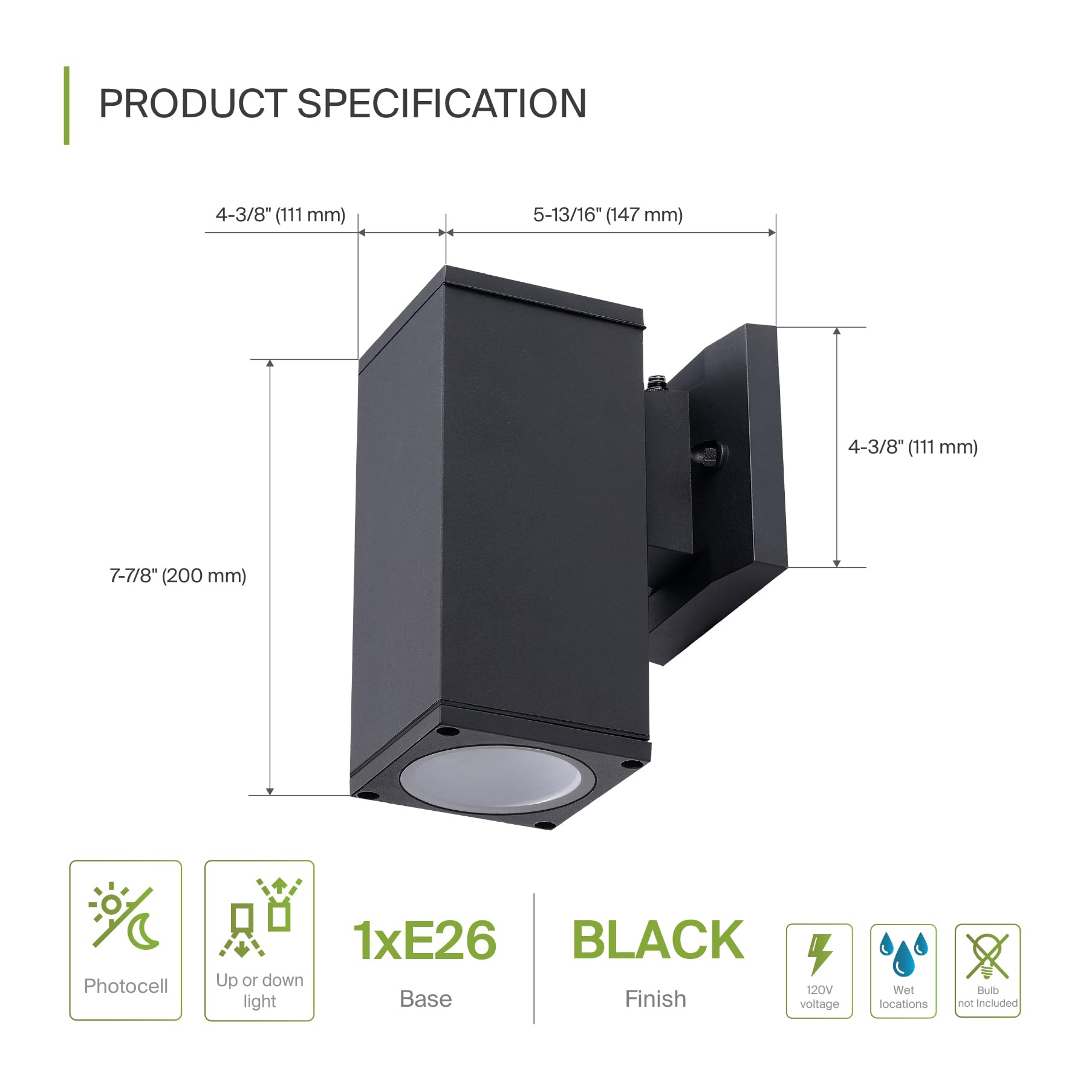 ASD 1-Way Square Wall Light Fixture, Photocell, Waterproof, Black, 2 Pack, ETL Listed, Compatible with LED/CFL/Incandescent Bulbs