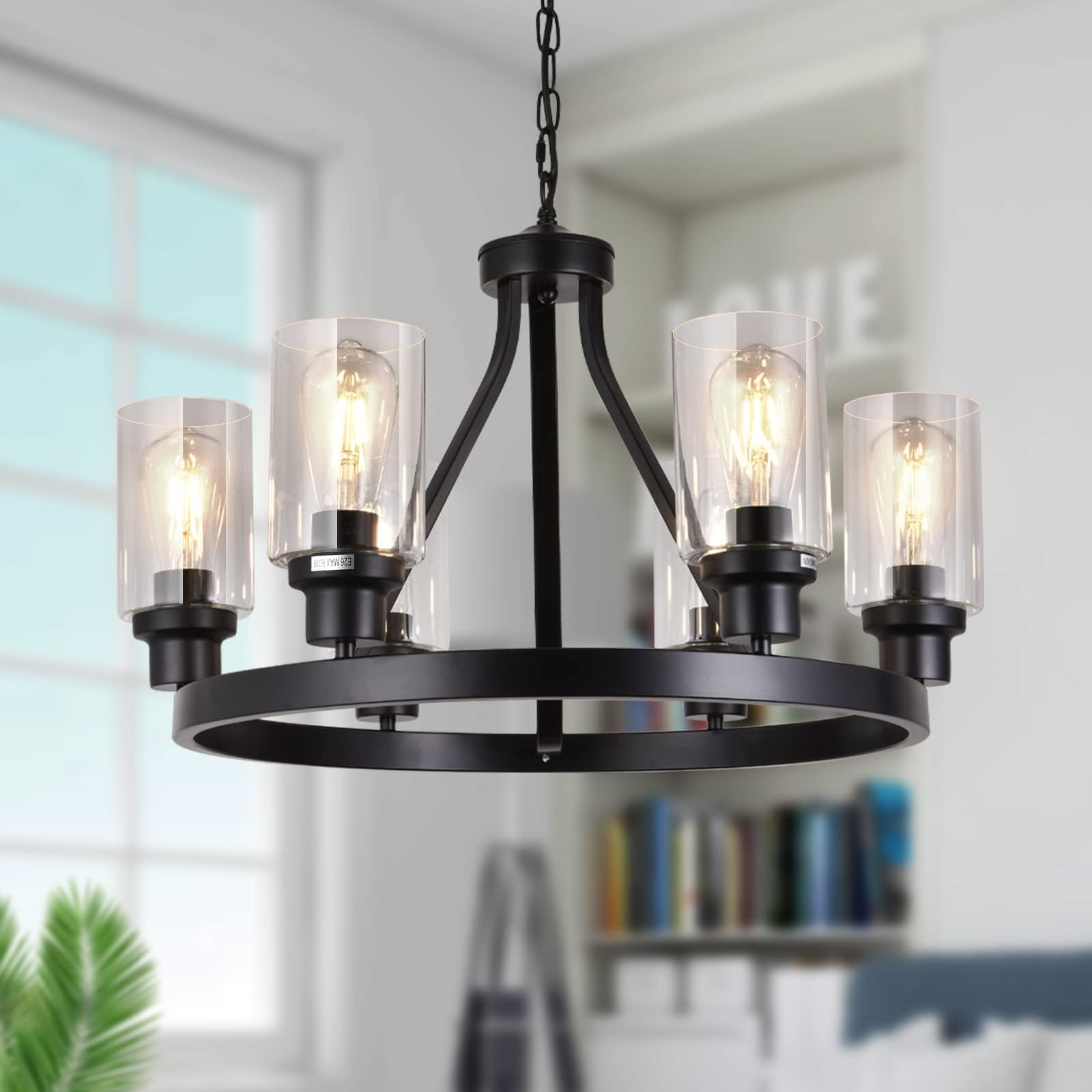 Lanhall 6-Light Farmhouse Chandelier, Black Metal, Adjustable Height, Glass Accents, Modern Rustic Lighting for Dining Room and Kitchen Island