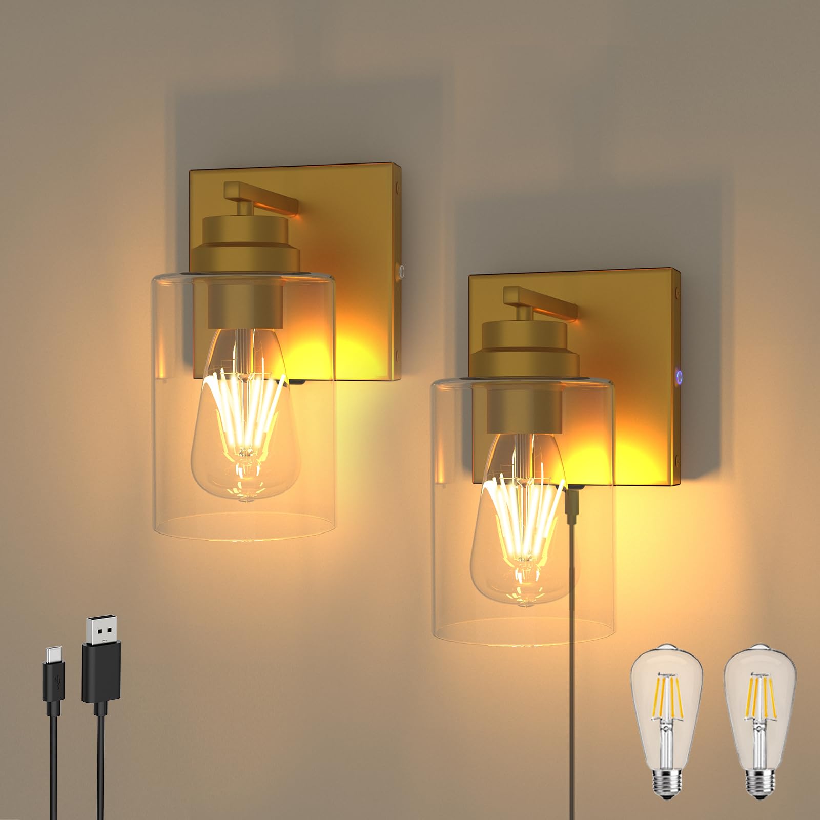 ThyFenno Dimmable Wall Sconce Set of 2, Rechargeable, Touch Control, Brass, Model TF-1T T2L