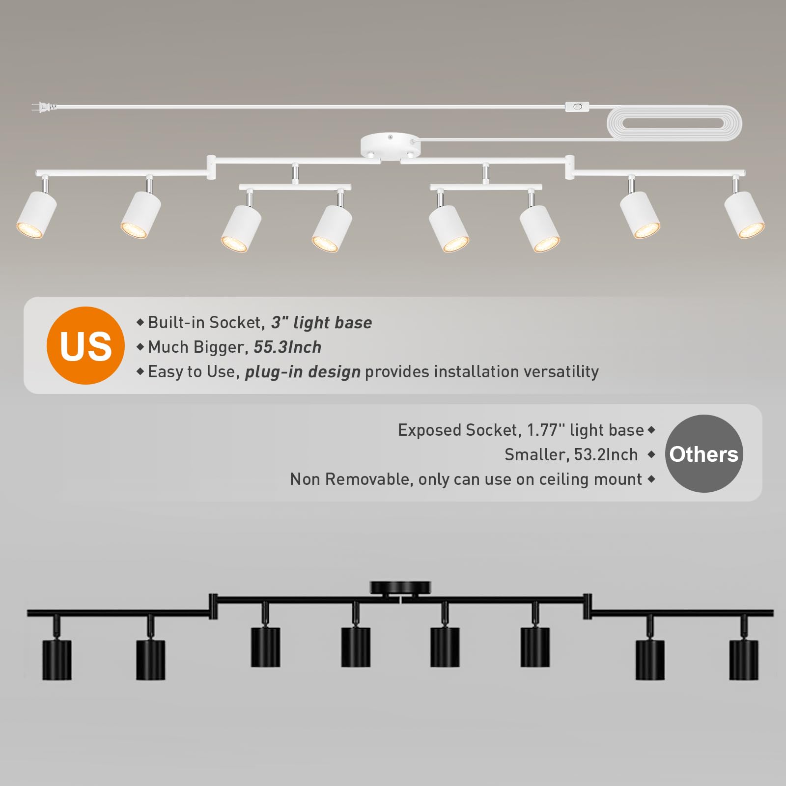 Bricosmocon Plug-in Track Lighting Fixture, 8-Light LED Metal Ceiling Spotlight, White, C0684, 14.8ft Power Cord
