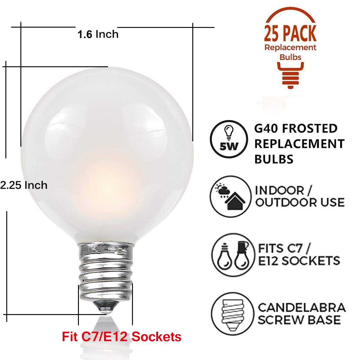 Abeja Outdoor Frosted String Lights, G40, 25FT, 27 Clear Bulbs, E12 Base, UL Listed, White, for Patio, Garden, Party Decor